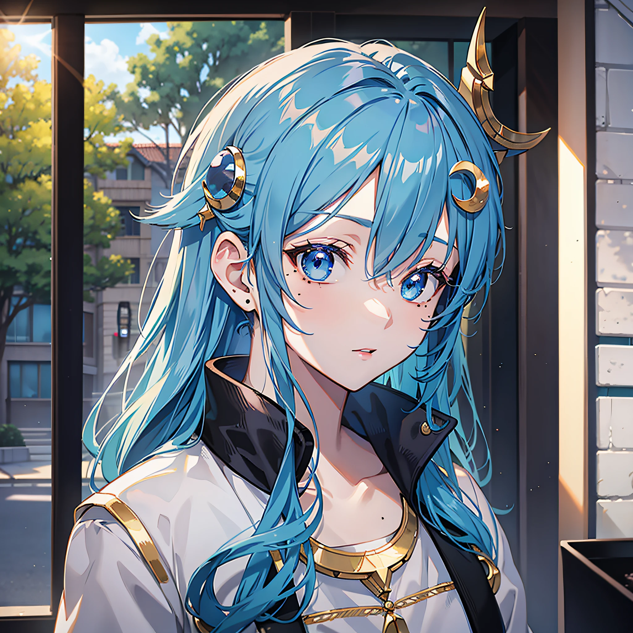 blue hair, crescent hair ornament, mole under eye, anime, anime style, ray tracing, character chart, from outside, lens flare, high details
