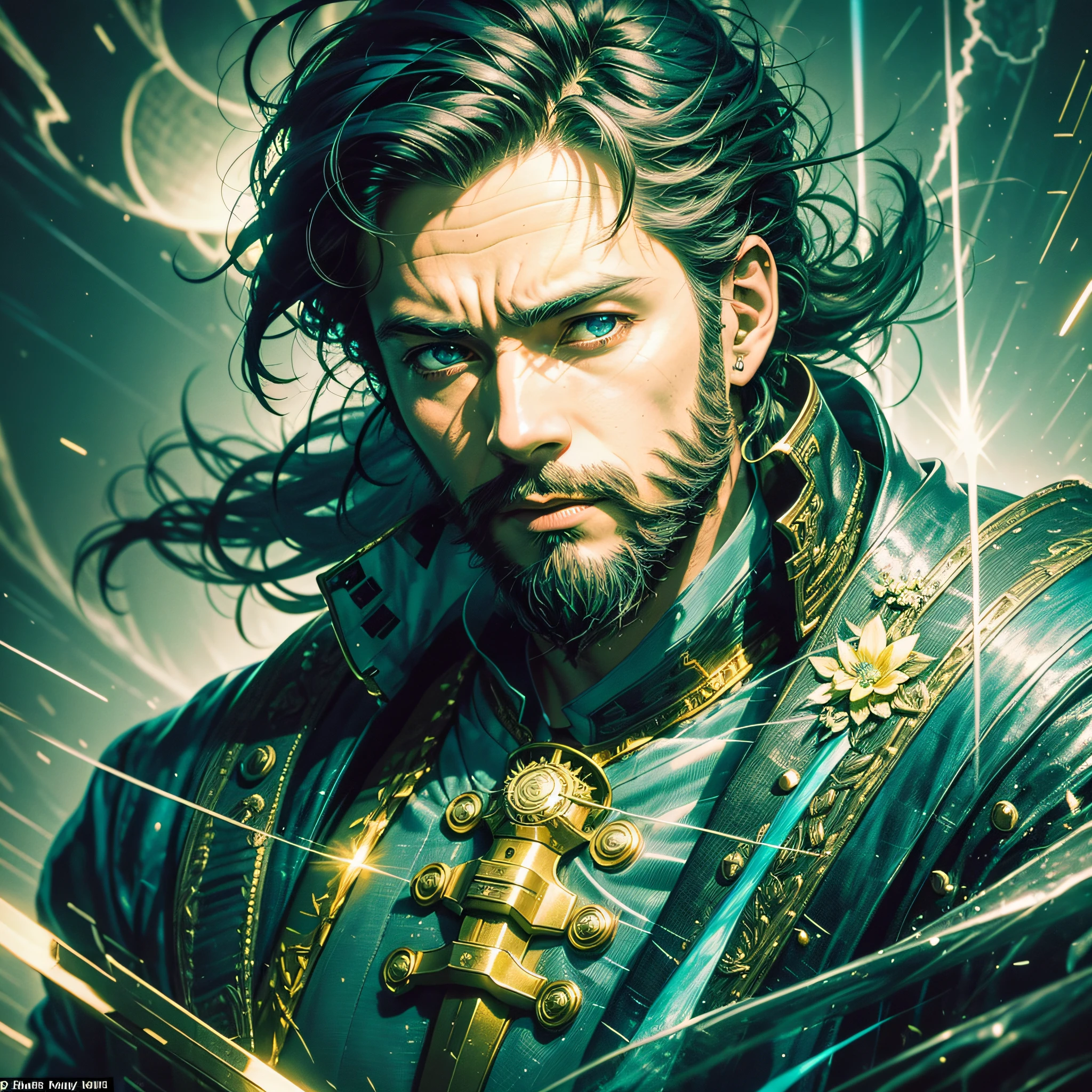 Digital Illustration, Anime style, a man, pose, very short beard, black hair, an elemental wizard wrapped in blue rays and yellow rays, chromatic chaos, shades of gold and lightning, depth of field, highly detailed, hyper-realistic, cinematic lighting, clear, spatial background, soft cinematic lighting, (backlighting: 1.2), (flowering: 1.2), (bright light: 1.1), (chromatic aberration: 1.2), sharp focus, high contrast,masterpiece,photorealistic --auto --s2