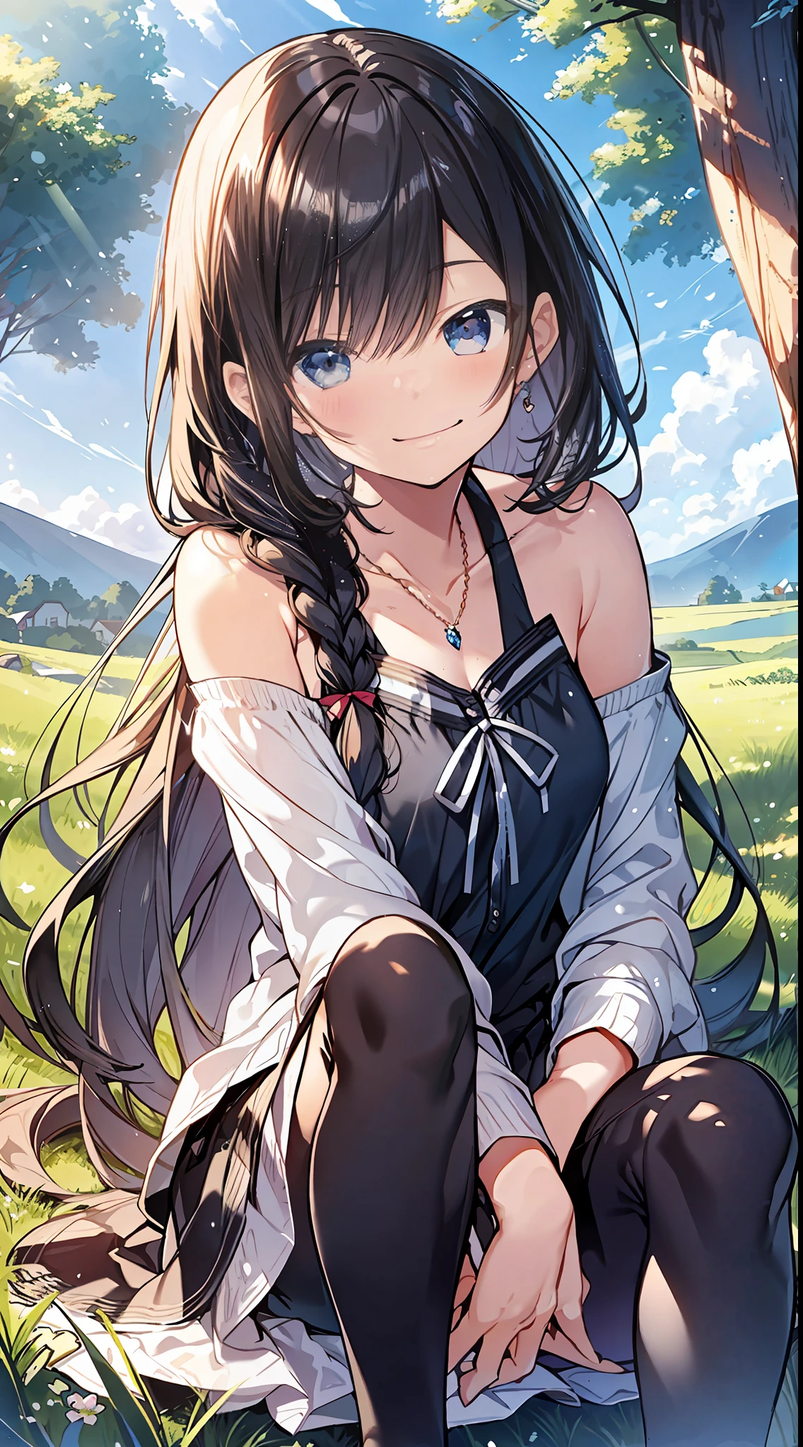 Top Quality, Masterpiece, Ultra High Definition, 8K, Summer Sky, Early Summer, (Pants, Sheer Cardigan, Sneakers), Shojo Manga Style Loli, One, Soft Line Art, Digital Enhancement, Shoujo Manga Touch, Shojo Manga Core, Flowing Fabric, Close Up, (Shoulder Length and Short Braid)), Wet Hair, Soft Drawing, Beautiful Black Hair, Clear Eyes, ((Teasing smile)) , Ultra-detailed digital anime art, clear face depiction, ultra-detailed shoujo manga character art, clear facial features, ultra-detailed manga style, top quality colors, hand gestures, landscape with nature, looking up at the sky, angle to see up to your feet, sit