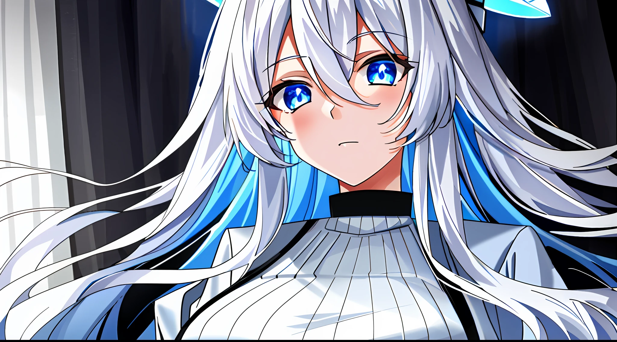 White hair, 1 girl, blue eyes, glowing blue eyes, cute, nice face, nice color, nice lighting, pink bedroom, black oversized long sleeve sweater, big breasts