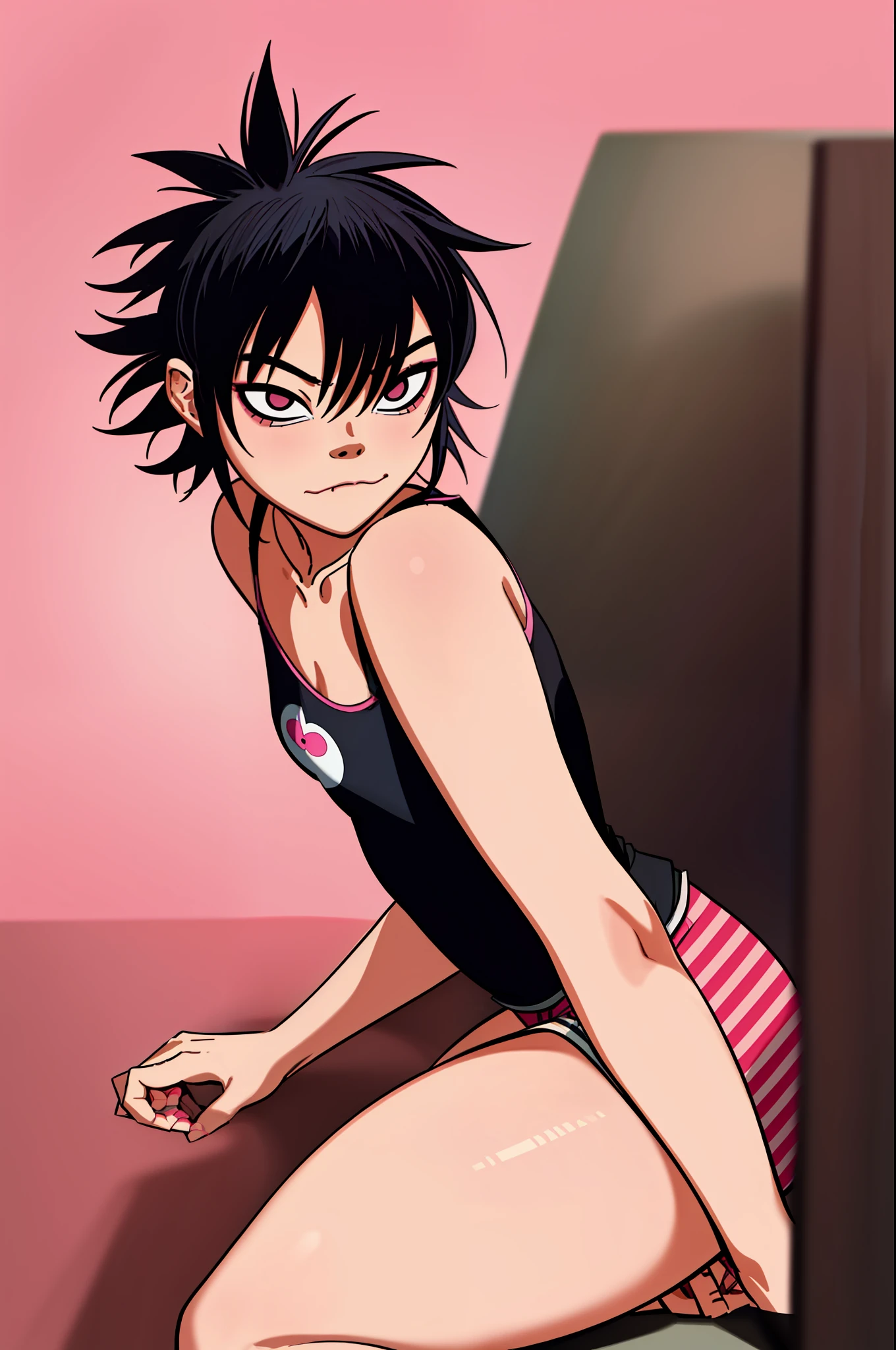 noodle (Gorillaz), masterpiece, best quality, 1girl, solo, hair between eyes, thighs, blush, medium hair, looking at the viewer, bangs, sexy pose, ****, small breast, sexy butt, bangs covering eyes, goth, sexual expression, makeup, cute, Asian, pink background, , ripped jeans, black and white striped top, shorts