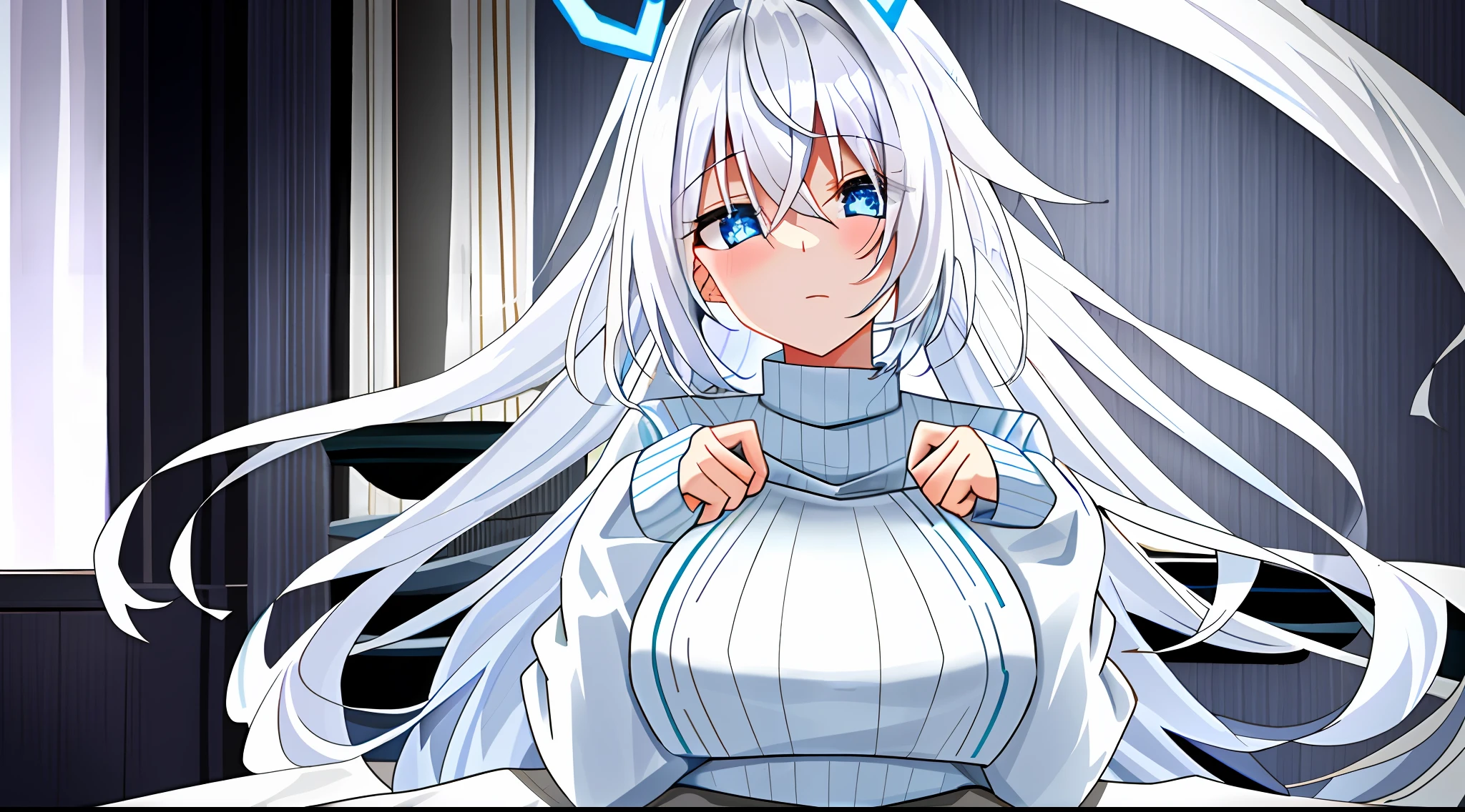 White hair, 1 girl, blue eyes, glowing blue eyes, cute, nice face, nice color, nice lighting, pink bedroom, black oversized long sleeve sweater, big breasts