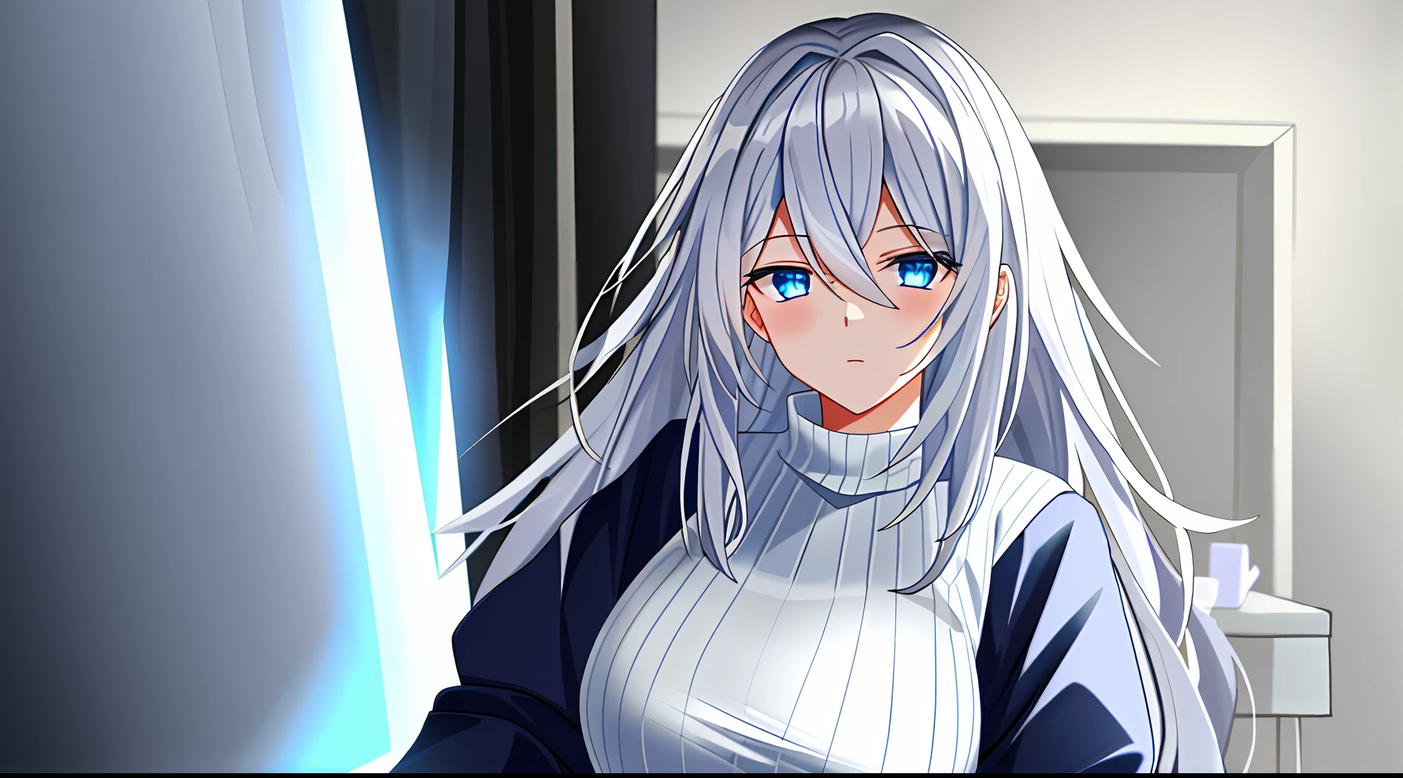 White hair, 1 girl, blue eyes, glowing blue eyes, cute, nice face, nice color, nice lighting, pink bedroom, black oversized long sleeve sweater, big breasts