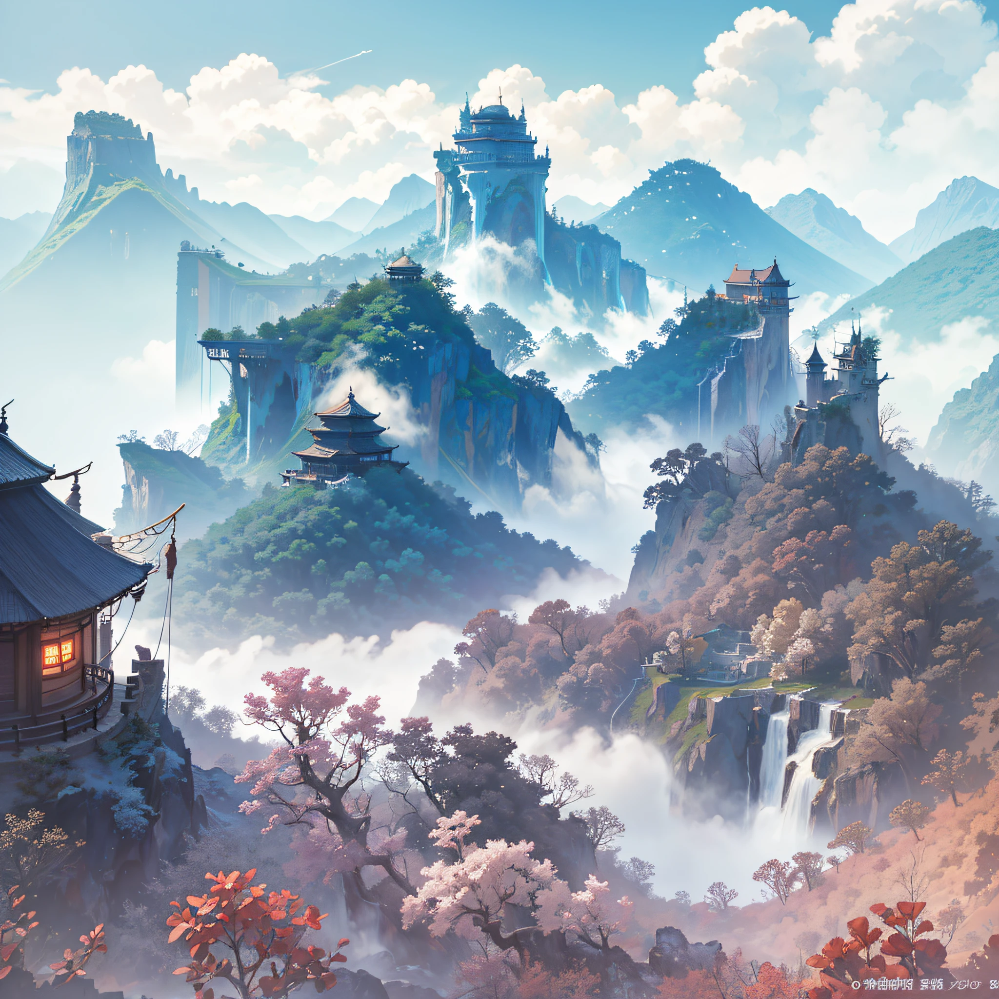 Many islands in the sea, big and small clouds in the sky, ancient Chinese architecture, waterfalls, fantasy, wonderland, growing magical plants, mist, extreme details, realistic light, epic composition, (intricate details), (hyper detail: 1.2), spring, (masterpiece, best quality, super HD) --auto --s2