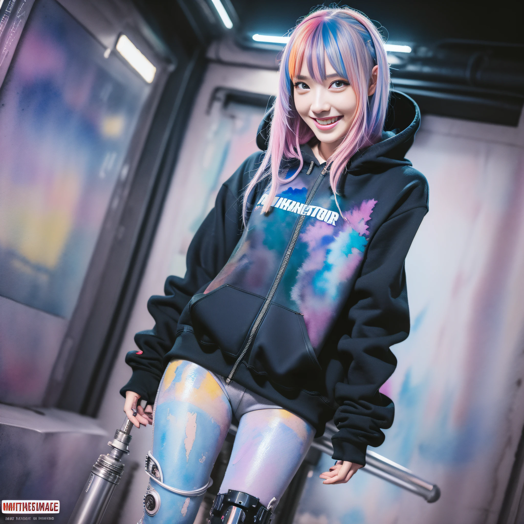 ((masterpiece, high quality, absurdres, ((watercolor, watercolor background)) flat color, official art))(cyberpunk:1.5), neon lights, (((1girl, solo, cute face, happy smile))) (multicolored hair, eyes, eyelashes, colored inner hair)((floating hair)) BREAK (depth of field, blurry background, detailed and intricate, fisheye) cityscape, long sleeves, hoodie, baggy clothes,open clothes, (mechanical body, mechanical legs, mechanical boots, mechanical parts) BREAK floating, glowing clothes, android,floating object, cybernetic, prosthetic leg, holographic monitor,