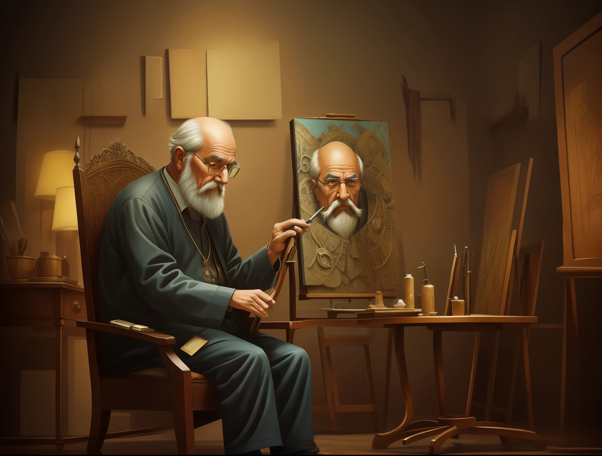 oldman in chair, complex stuff around, intricate in the background, art, close up, painting, detailed, cartoon, cinematic shot, fantasy, low saturation, vignette, [hdr]