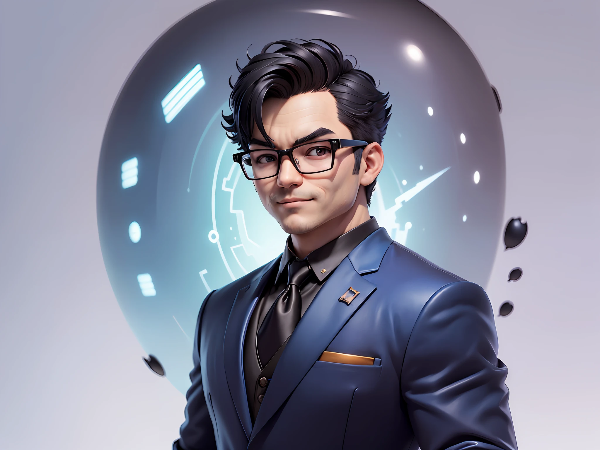 (((Masterpiece), (Excellent), (Super Meticulous), (Full Body: 1.2), Super Young Man, Oriental Face, Japanese Wind and Thunder God, Dragon, Tiger, TV Anchor, Bust Portrait Illustration, Alone, Black Formal Suit, Blue Tie, Slightly Chubby Face, Silver Glasses Face Very Clean No Beard, Black Super Short Hair, Black Eyes, Confident Smile, 3c Computer Sub-Products, iPad, iPhone, Digital Painting, 3D Character Design by Akira Toriyama and Mark Claireden and Pixar and Hayao Miyazaki, The illustration is a high-definition illustration in 4K resolution with very detailed facial features and cartoon-style visuals.