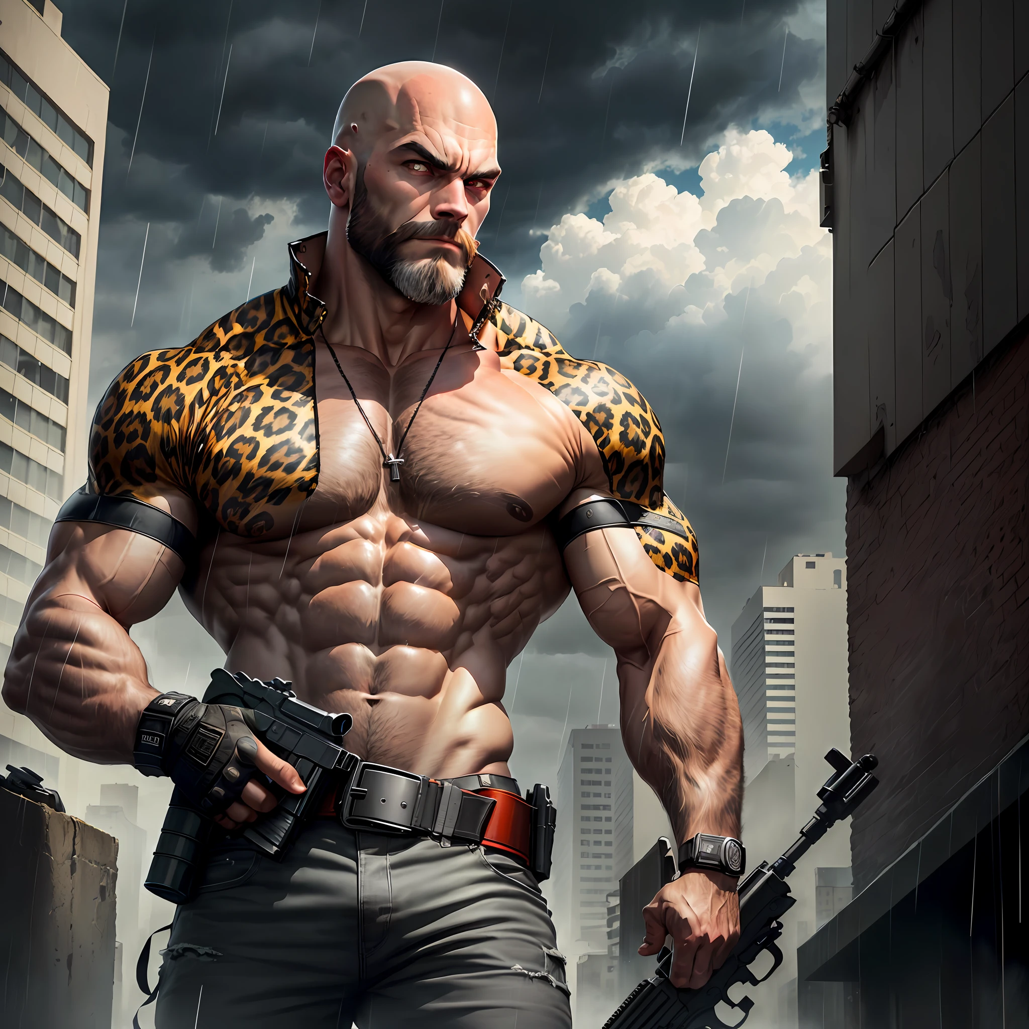 Dark sky, rain, holding a gun, looking up at the sky, ruined city, muscle, male, (leopard head: 1.0), hairy, bright eyes, wide waist, gray hair, red eyes, (best quality), bald, white beard