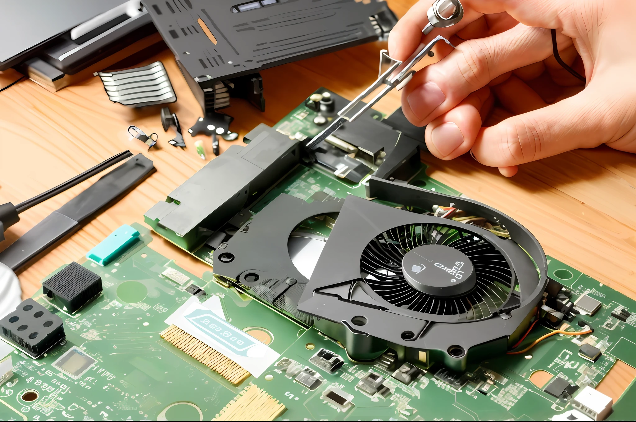 someone is removing a fan from a laptop computer on a table, disassemble the computer, broken computers and cables, computer components, chewing on a graphic card, motherboard circuitry, repairing the other one, electronic components, computer parts, maintenance, chewing on a video card, broken laptop screen, revealing wires and electronics, digitally enhanced