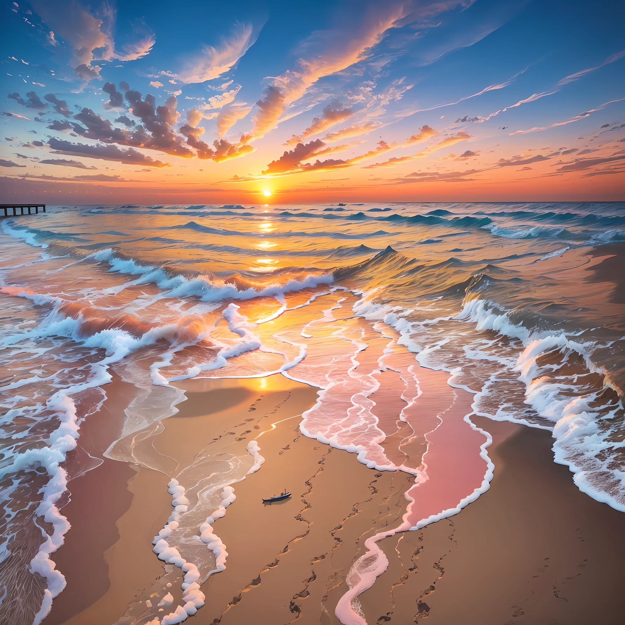 Absolutely mesmerizing sunset on the beach, The sky is a mix of orange, pink and yellow. The sea is crystal clear, Kissing the shore tenderly, The white sand stretches as far as the eye can see. The scene is full of movement, Breathtaking, Seagulls soar high in the sky, Palm trees sway gently. Soak up the calm atmosphere, Let tranquility envelop you (photo), (Real Photography), (Shooting) --auto --s2