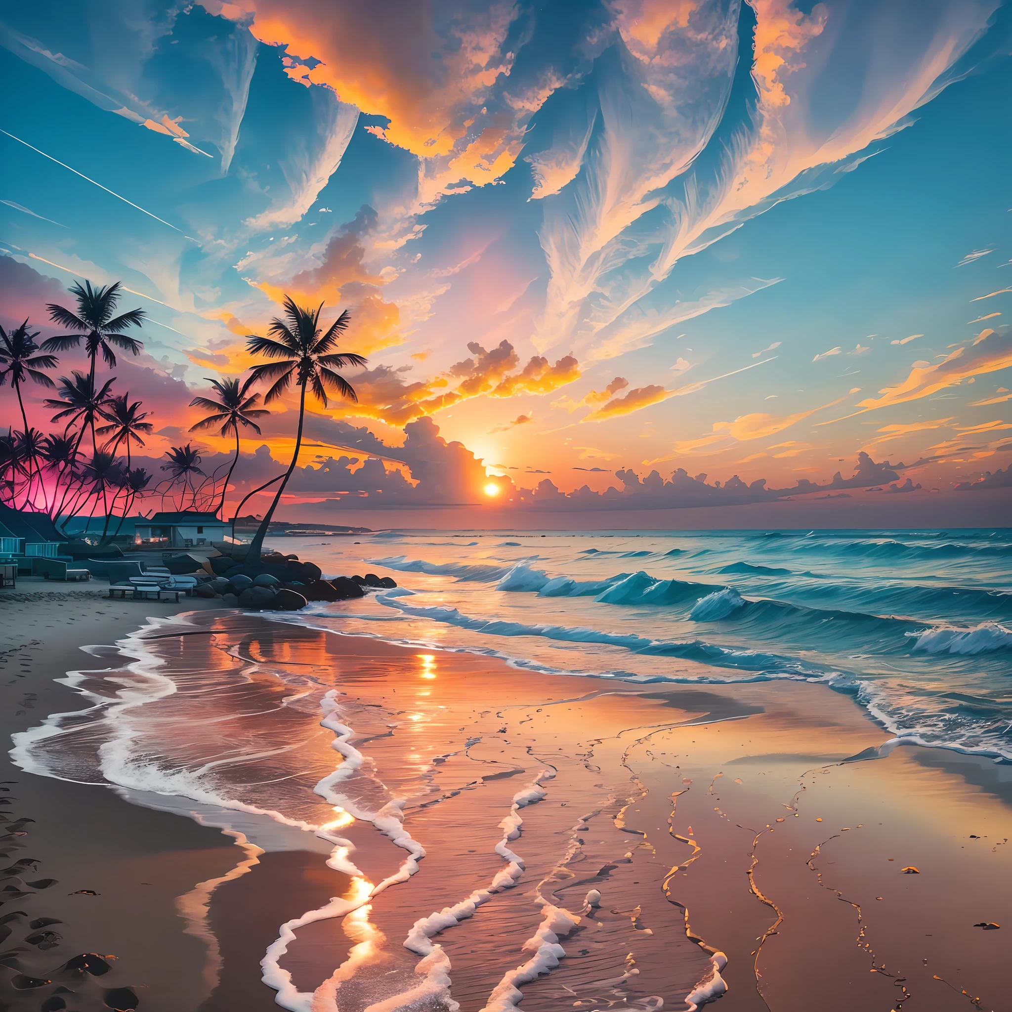 Absolutely mesmerizing sunset on the beach, The sky is a mix of orange, pink and yellow. The sea is crystal clear, Kissing the shore tenderly, The white sand stretches as far as the eye can see. The scene is full of movement, Breathtaking, Seagulls soar high in the sky, Palm trees sway gently. Soak up the calm atmosphere, Let tranquility envelop you (photo), (Real Photography), (Shooting) --auto --s2
