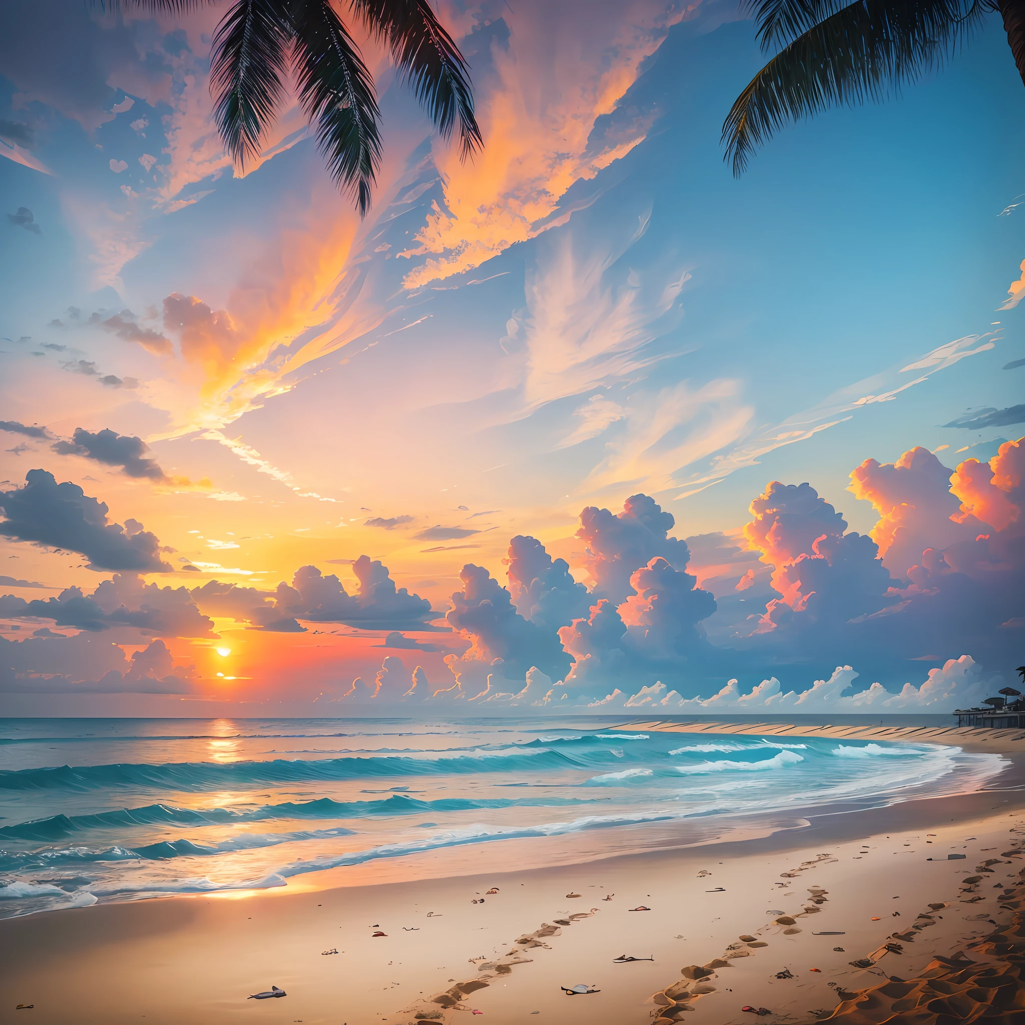 Absolutely mesmerizing sunset on the beach, The sky is a mix of orange, pink and yellow. The sea is crystal clear, Kissing the shore tenderly, The white sand stretches as far as the eye can see. The scene is full of movement, Breathtaking, Seagulls soar high in the sky, Palm trees sway gently. Soak up the calm atmosphere, Let tranquility envelop you (photo), (Real Photography), (Shooting) --auto --s2