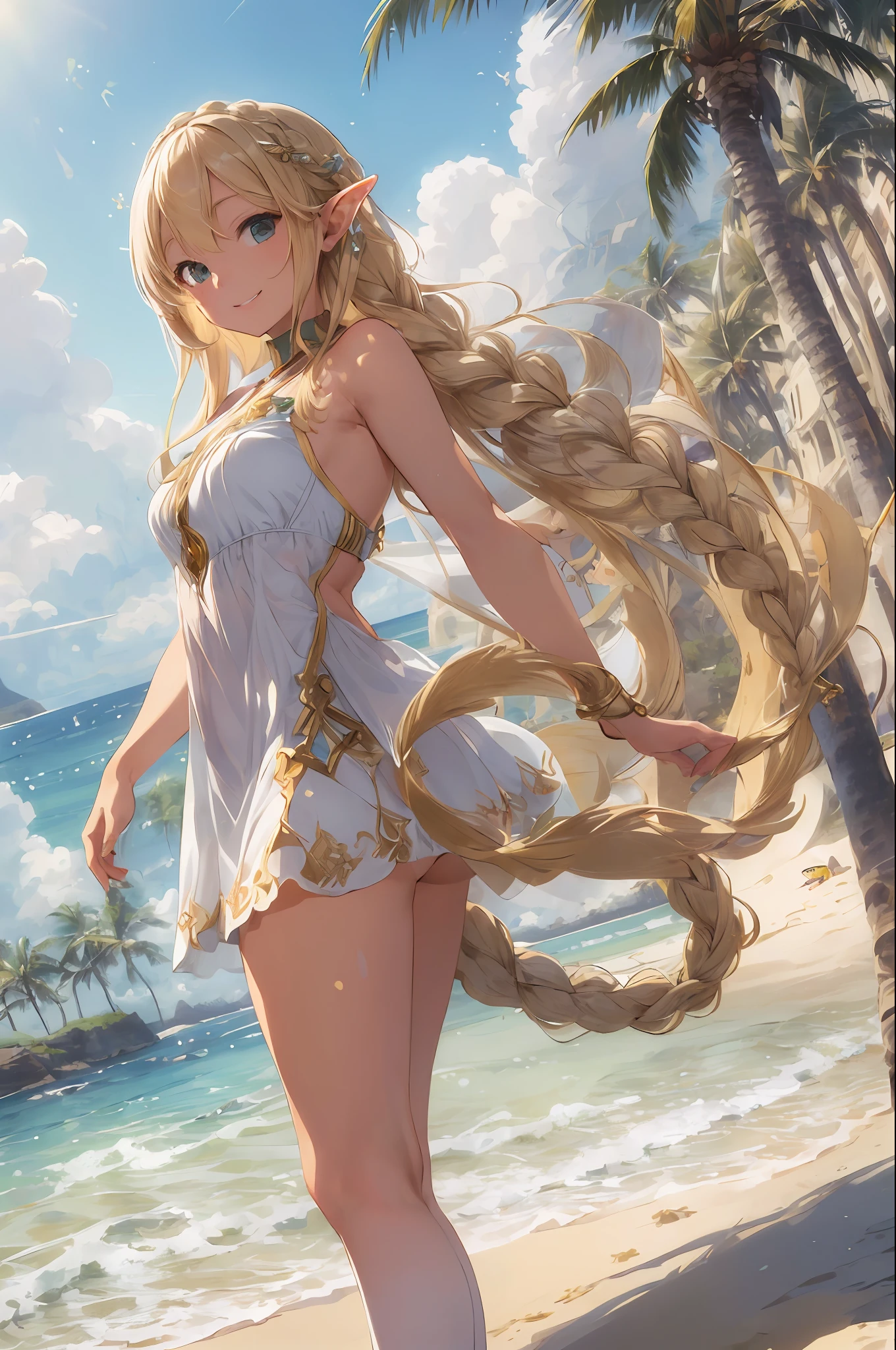 ((Masterpiece, highest quality, precision, ultra-detail)))), (Elf woman))))), (Gold embroidered white bi high leg))), (Blonde long braid hair), (Shore), ((Big)), (Beach), (Sand), Smile, (Beach))), Breeze, Dynamic Angle
