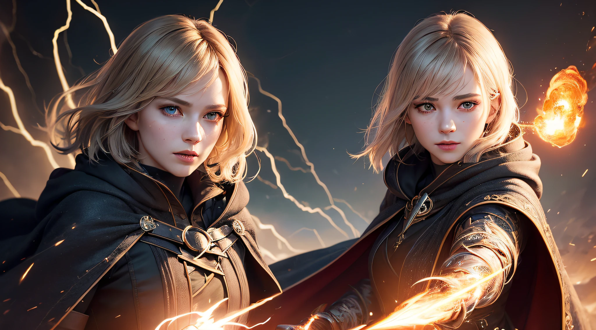 (skindentation:1.5), Realistic, Photorealistic, (masterpiece:1.5), concept art, intricate details, highly detailed, photorealistic, octane render, 8k, unreal engine, dynamic pose, best quality, highres, (realistic face:1.1), (hyperrealistic:1.1), ((full_body)), perfect eyes,(shiny skin:1.2), (((hairstyle))), (((perfect hands))), (extremely detailed background), ((dynamic background)), ((lightning)), (light rays), ((1girl)), wearing cloak, (((flowing cloak))), ((detailed eyes, high quality eyes, high quality face)), (extremely intricate robes, magical robes), short hair, casting lightning, electricity, swirling fire, radiating power, sparks, smoke, magic, ((dramatic)), epic, battlefield, depth of field, bokeh, 4k, gothic, ember, particles