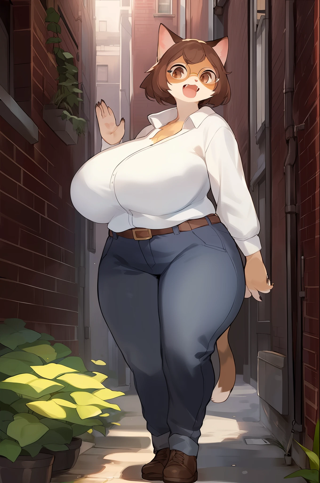 Massive breasts, (((anthro))), (((domestic cat))), (((glasses))), detailed eyes, detailed fur, alleyway, plants, grey fur, brown hair, open mouth, detailed mouth, jeans, wide hips, slightly chubby, brown eyes, (((furry))), 1girl, by bebebebebe