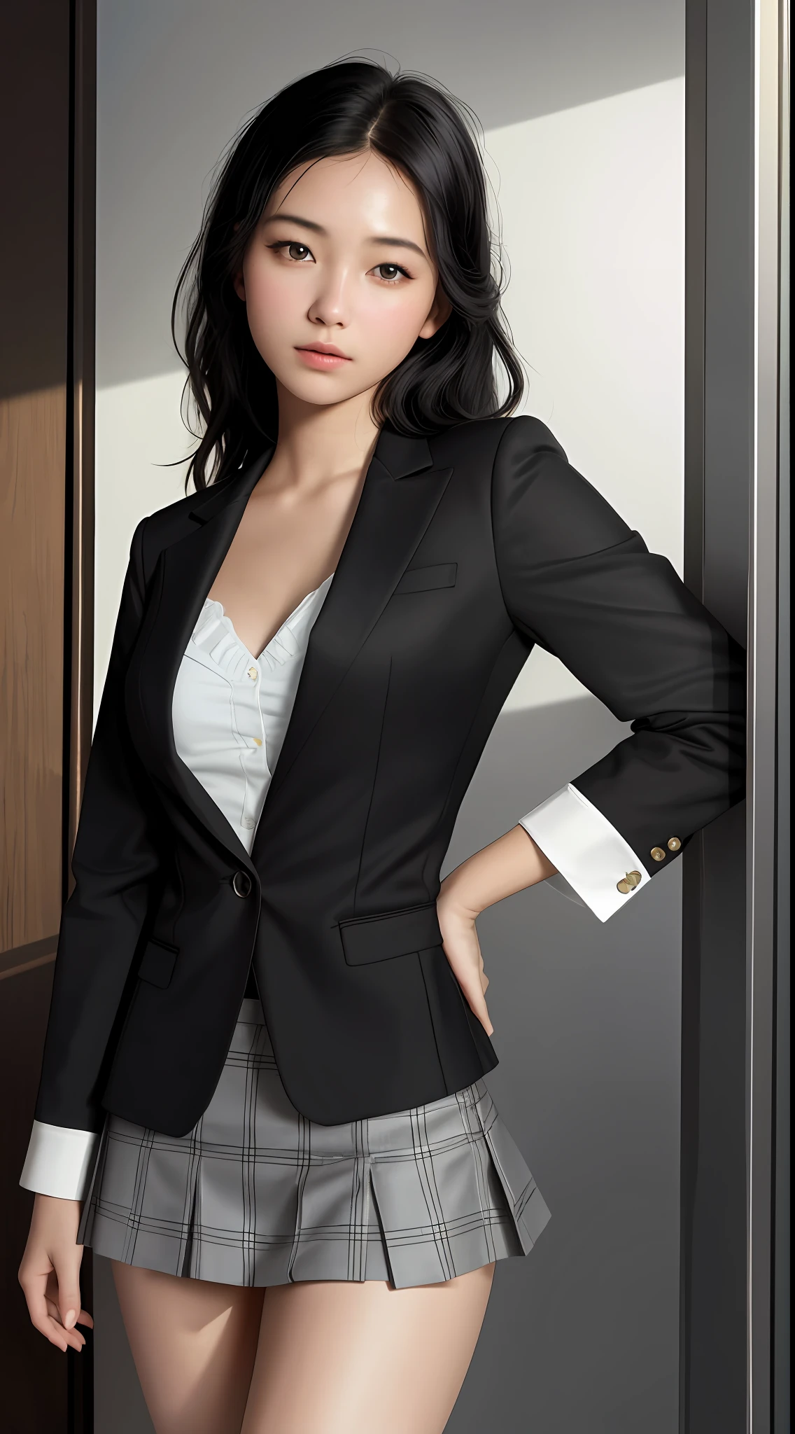 Top Quality, Masterpiece, One Girl, Beautiful Face, (Photorealistic Picture:1.3), Rim Lighting, (High Detail Skin:1.2), 8K UHD, DSLR, High Quality, High Resolution, 4K, 8K, Blur, Absurdity, Best Ratio Four Finger and One Thumb, (Real:1.3), Cute 1 Girl,Black Hair, Black Blazer, Middle Breast, Mini Skirt,Small Face