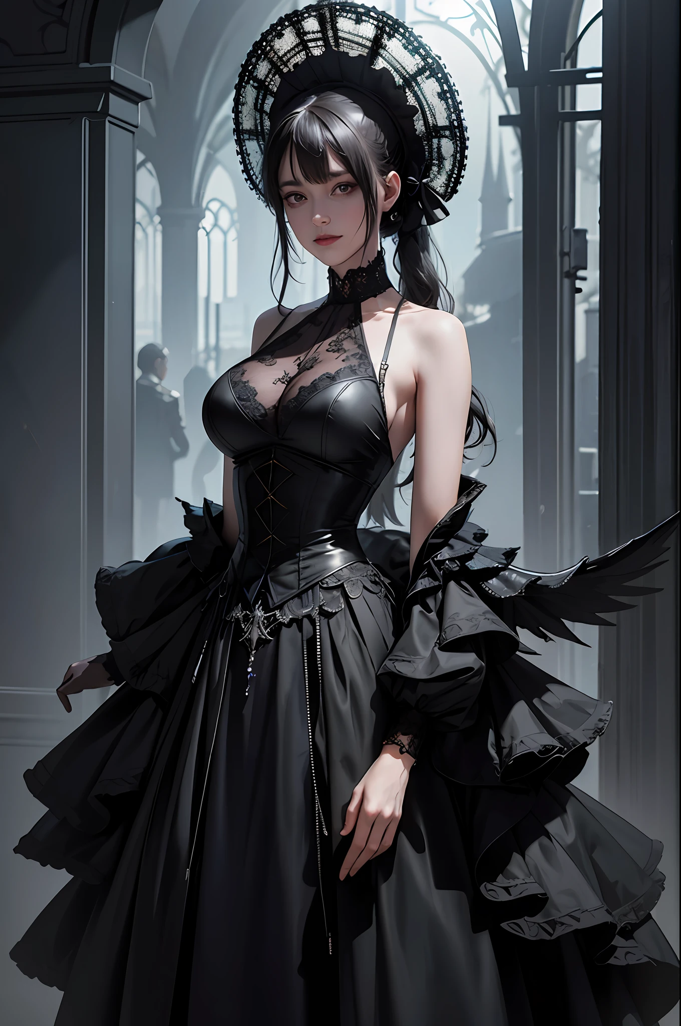 Official Art, Unity 8k Wallpaper, Super Detailed, Beautiful, Beautiful, Masterpiece, Top Quality, Too Classy, Unrivaled, Darkness, Madness, Satanism, Atmosphere, Mystery, Romanticism, Erotic, Spooky, Literature, Art, Fashion, Cyberpunk, Victorian, Embellishment, Complexity, Lace, Contemplation, Emotional Depth, Supernatural, 1 Girl, Big, Smile, Solo, Neck, Full Body Composition
