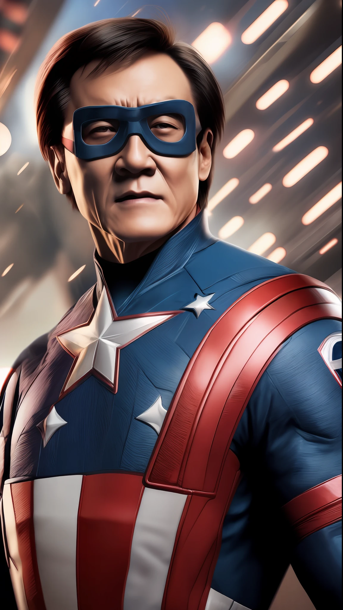 . . Tarantino style Jackie Chan as Captain America 8k, HD, face details, facial details, eye details, suit details, marvel and dc style, ultra-realistic, + cinema shots + dynamic composition, incredible detail, sharpening, details + superb details + night of lights + perfectionism + award-winning realism ((moody lights))