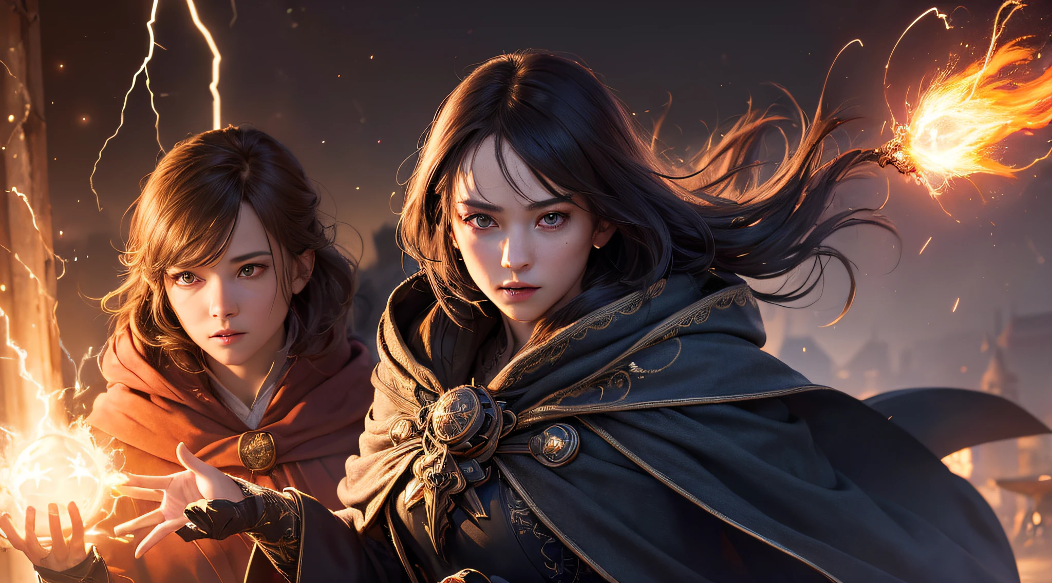 (skindentation:1.5), Realistic, Photorealistic, (masterpiece:1.5), concept art, intricate details, highly detailed, photorealistic, octane render, 8k, unreal engine, dynamic pose, best quality, highres, (realistic face:1.1), (hyperrealistic:1.1), ((full_body)), perfect eyes,(shiny skin:1.2), (((hairstyle))), (((perfect hands))), (extremely detailed background), ((dynamic background)), ((lightning)), (light rays), ((1girl)), wearing cloak, (((flowing cloak))), ((detailed eyes, high quality eyes, high quality face)), (extremely intricate robes, magical robes), short hair, casting lightning, electricity, swirling fire, radiating power, sparks, smoke, magic, ((dramatic)), epic, battlefield, depth of field, bokeh, 4k, gothic, ember, particles