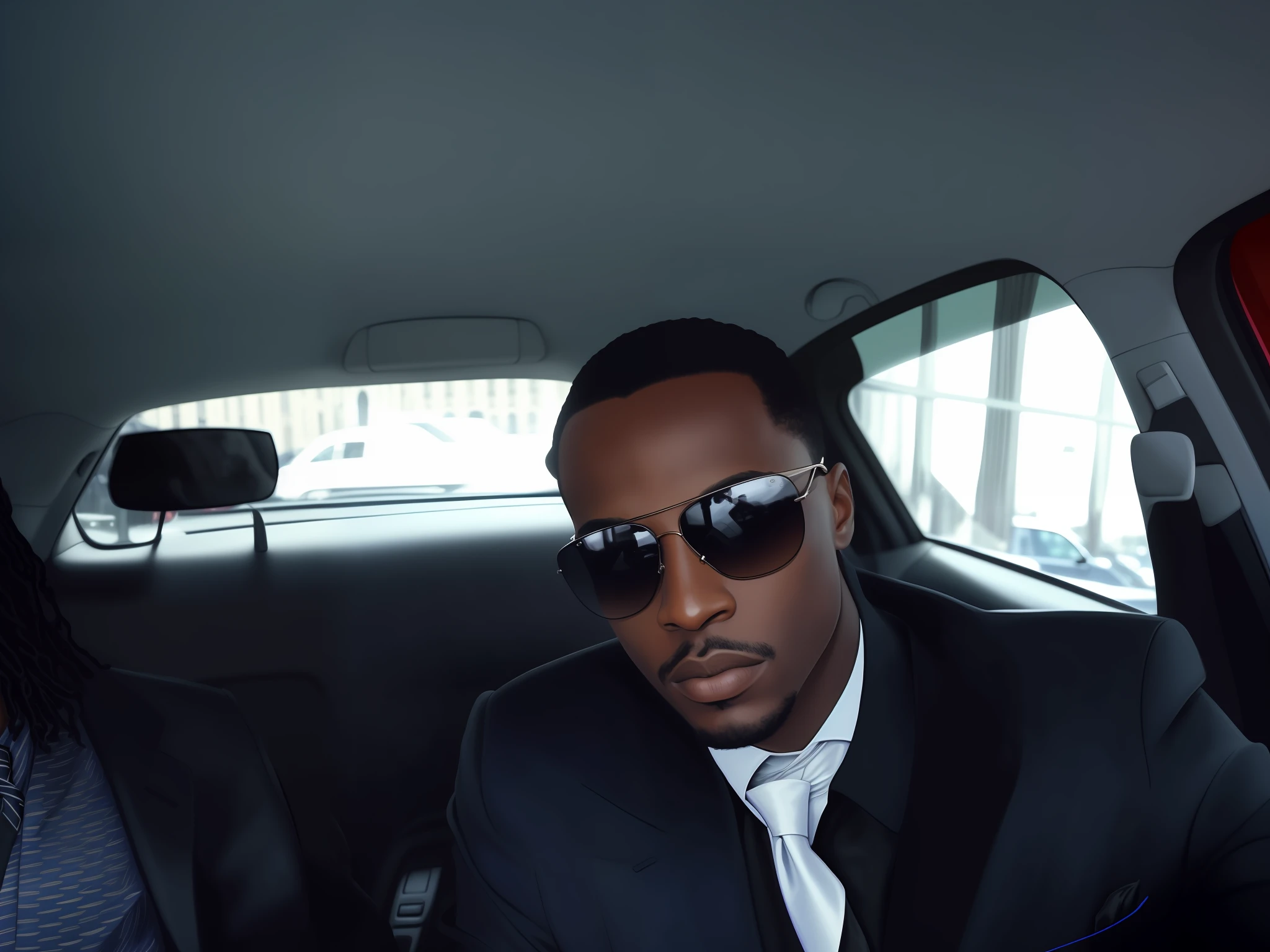 There is a man in a car wearing sunglasses and tie, looking cool and elegant, Jemal Shabazz, Riyahd Cassiem, in Paris, wearing Versace sunglasses, portrait!!!!, in the city, serious business, looking confident, looking forward, looking dark, taken in the late 2000s, Adrien Girod, (digital painting), (best quality)