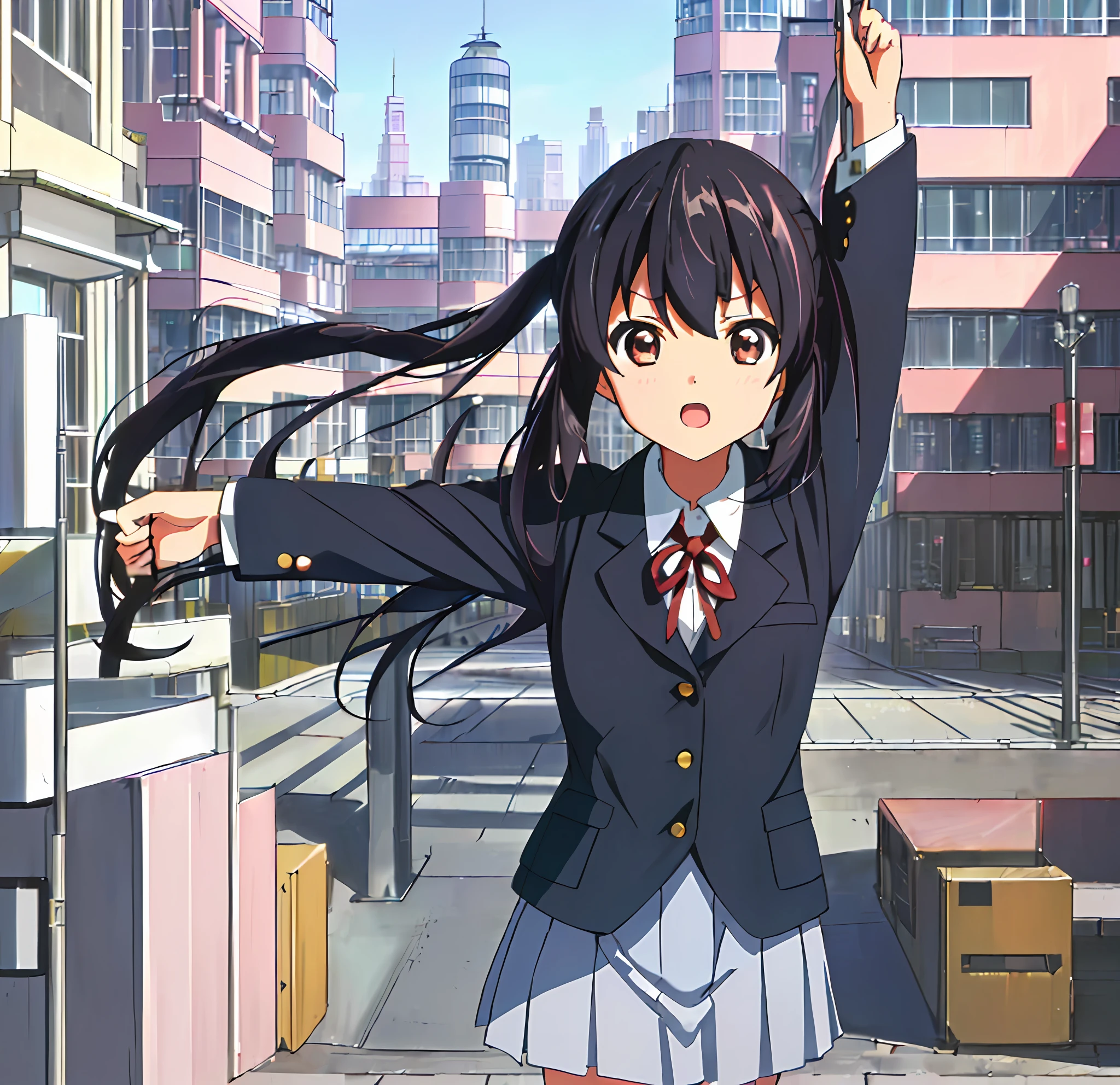 1girl, ((((Masterpiece))), Best Quality, Best Quality, High Detail, Azusa Nakano, 1girl, Sakuragaoka High School Uniform, Musical Instrument, School Uniform, Twin Tails, Long Hair, Black Hair, Brown Eyes, Solo, Red, Dark blue blazer with a thin ribbon of red, Solid white button shirt under blazer, Illustration, Cartoon, Soothing tones, Muted colors, Soft cinematic light, Adobe Lightroom, Photo Lab, HDR, complex and highly detailed, (((depth of field))))). (((Masterpiece))). (((highest quality))).) ((super detail))). (((Illustration))). (((Outside))). (((fighting stance))).,((((Giantization))).dynamic focus.small breasts. (((skyscrapers))). (((Cityscape))). (((Face of sadness))). Open mouth.Spread your arms.Clench your fists.