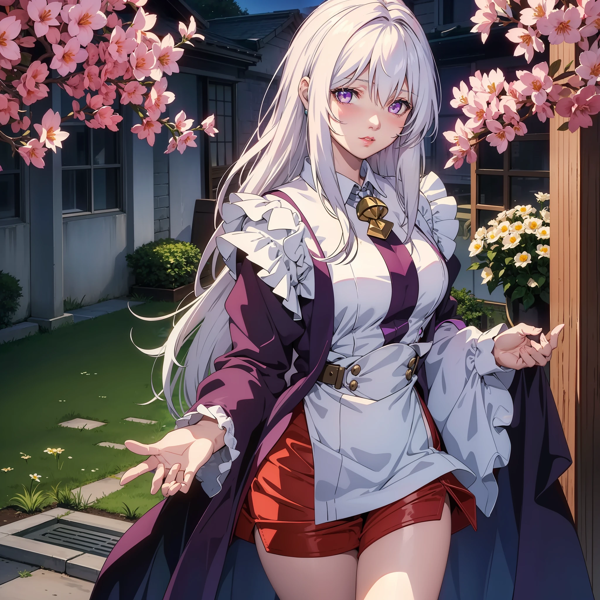 realistic, 1girl, white hair, purple eyes, bright eyes, cropped top, skirt, lips parted, blush, night, flowers, sun, sunlight