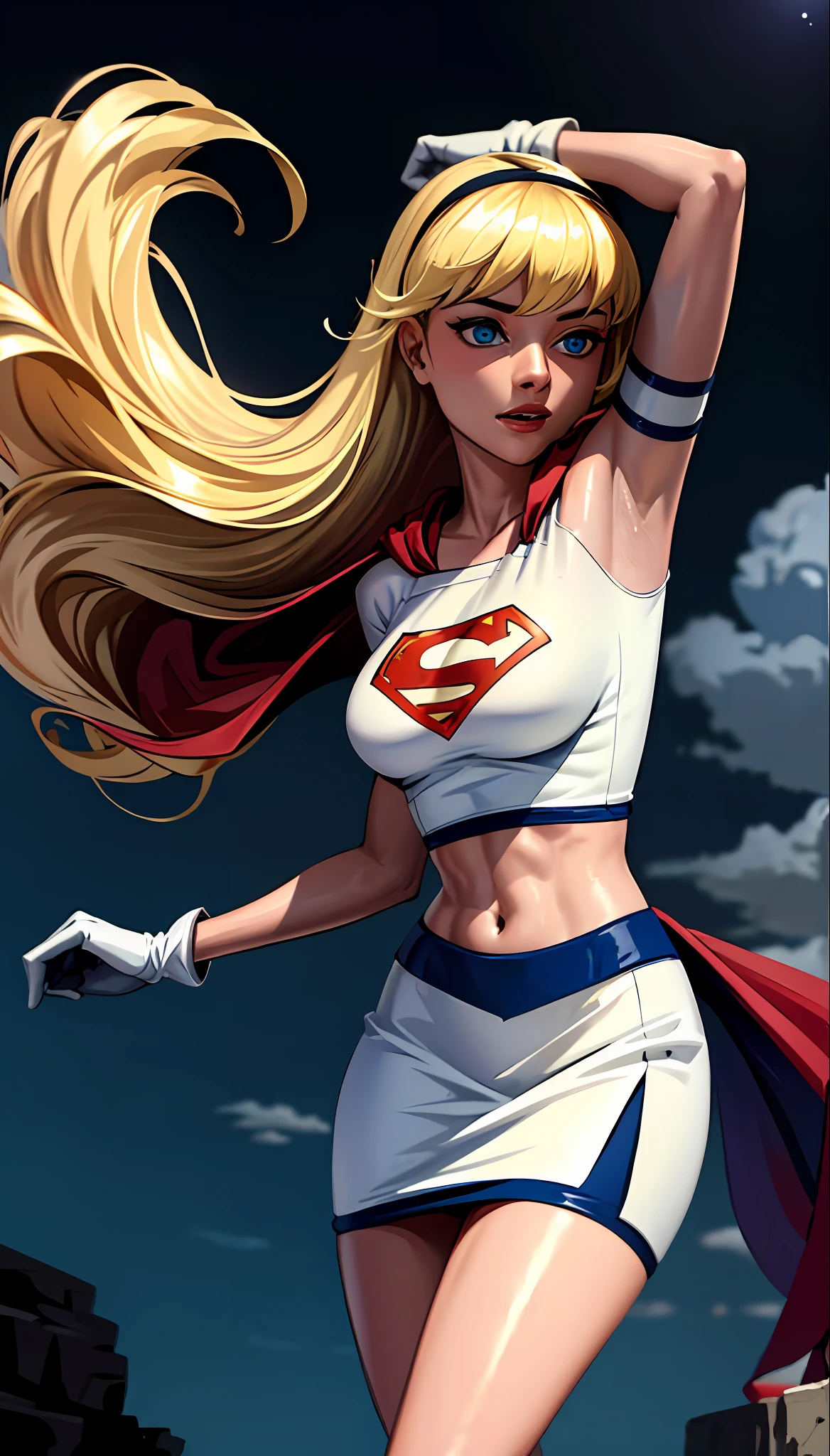 (cowboy shot), SFW, (masterpiece), (best quality: 1.0), (ultra highres: 1.0), detailed eyes,
BREAK
Supergirl, 1girl, long blonde hair, in the air, flying
hair band, \(white\) crop top, short sleeves, cape, blue pencil skirt, gloves, boots
BREAK
(clouds, night sky, stunning view)