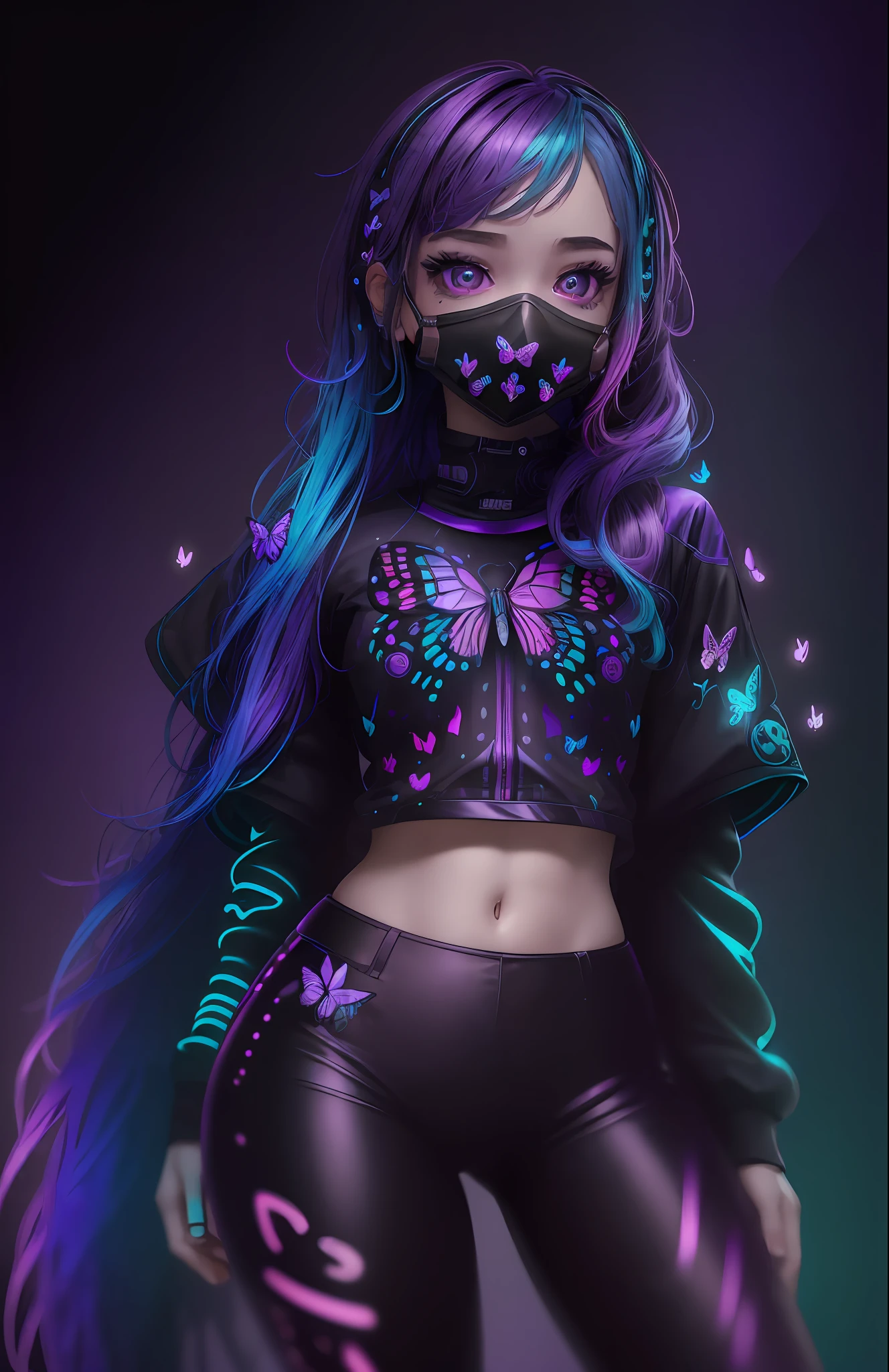 (((masterpiece, best quality, illustration, extremely detailed, 8k, 4k, 2k))), (1girl),skeleton style,((glow hair, multicolored hair)), ((Iridescent Hair)), (rib cage), ((face mask)), ((teal neon light)), ((hands behind back)), (black jacket), (((purple retro background))), (looking at viewer), (black pants), ((butterflies)), (looking at viewer), (upper body) --auto --s2