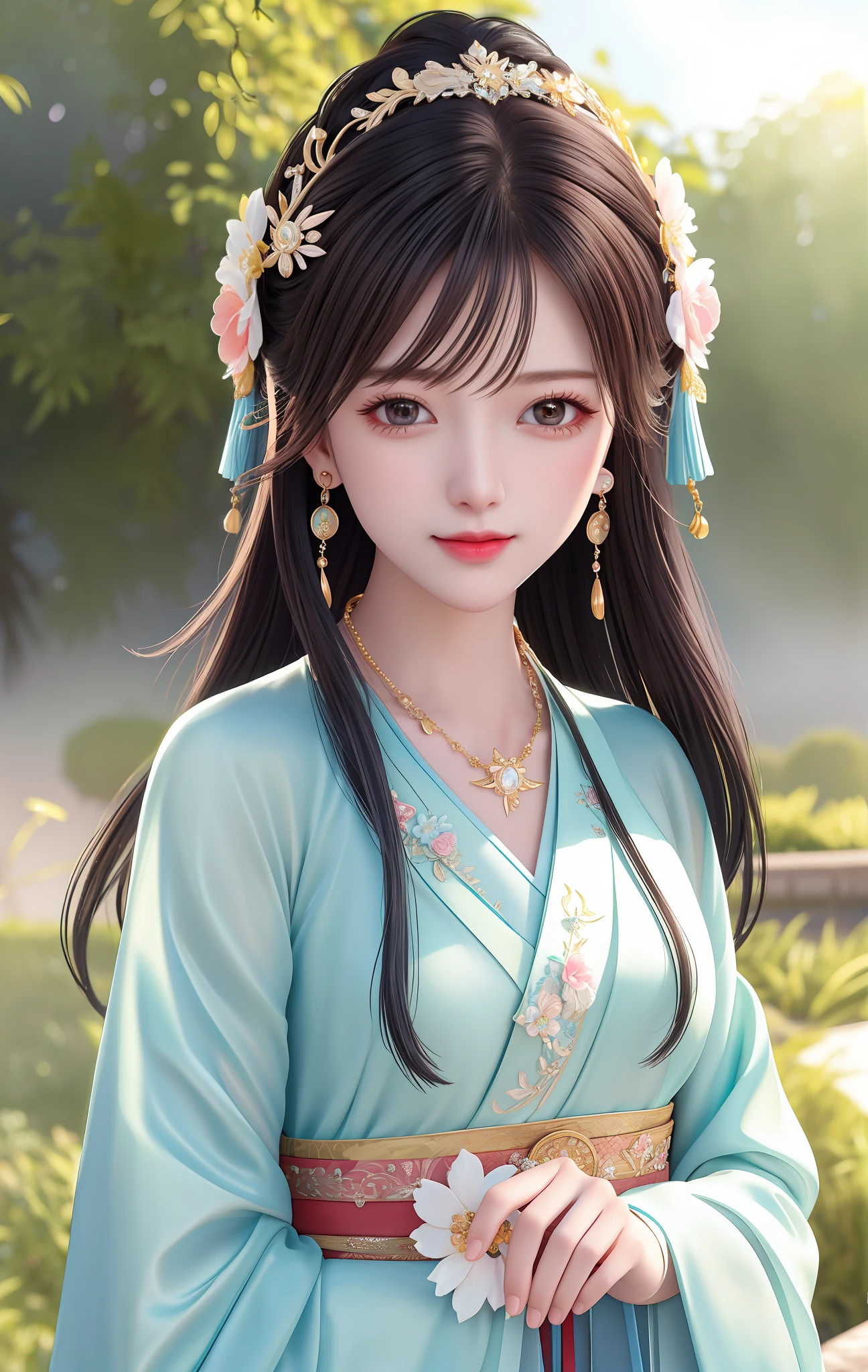 Best quality, masterpiece, high resolution, 1girl, transparent silk porcelain dress, hair accessories, looking at the audience, smiling, closing your mouth, lips, dress, hair accessories, necklaces, jewelry, hanfu, long hair, earrings, beautiful face, on _body, tyndall effect, realism, edge lighting, two-tone lighting, (high detail skin: 1.2), 8k uhd, DSLR, soft light, high quality, volumetric lighting, sneak peek, photo, high resolution, 4k, 8k, background bokeh, In the garden, in the morning