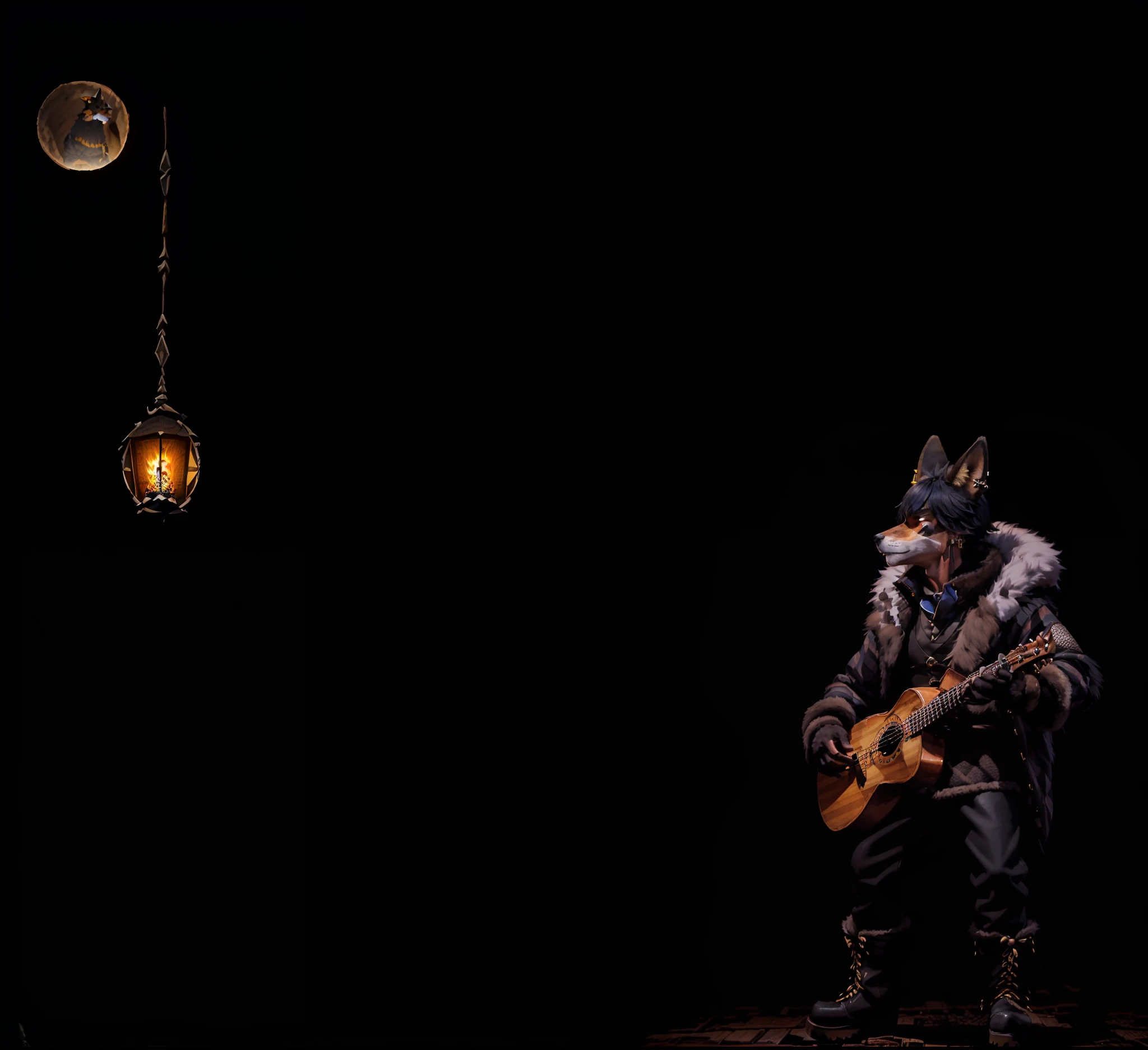 Fox-headed man with black fur, (((soil))), (fox head, furry, kitsune pathfinder, black fur, yellow eyes, cheerful, earrings on ears), (wears a coat with puffy collar, striped sleeve, with a plaid print vest, baggy pants and leather boots), (he is happy playing a lute inside a night tavern), bard RPG