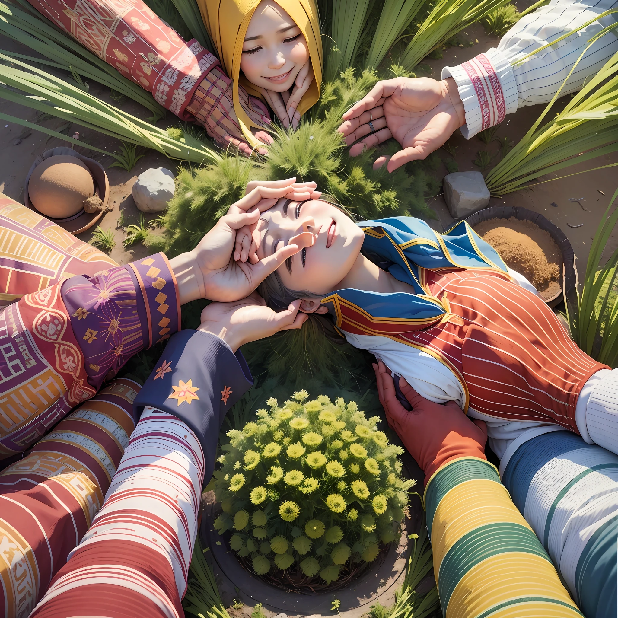 Develop an image for a poster advertising a prosperity campaign at an evangelical Pentecostal church. The image should convey a sense of close-knit community, joy and hope, while incorporating symbolic elements of prosperity. The central idea is to show a group of smiling people, holding hands in prayer, with a background that depicts a bountiful and healthy harvest. Colors should be vibrant and welcoming, evoking a sense of positivity and blessings. Make sure that the image is appropriate and respectful, avoiding exaggerations or elements that can be interpreted inappropriately. --auto --s2