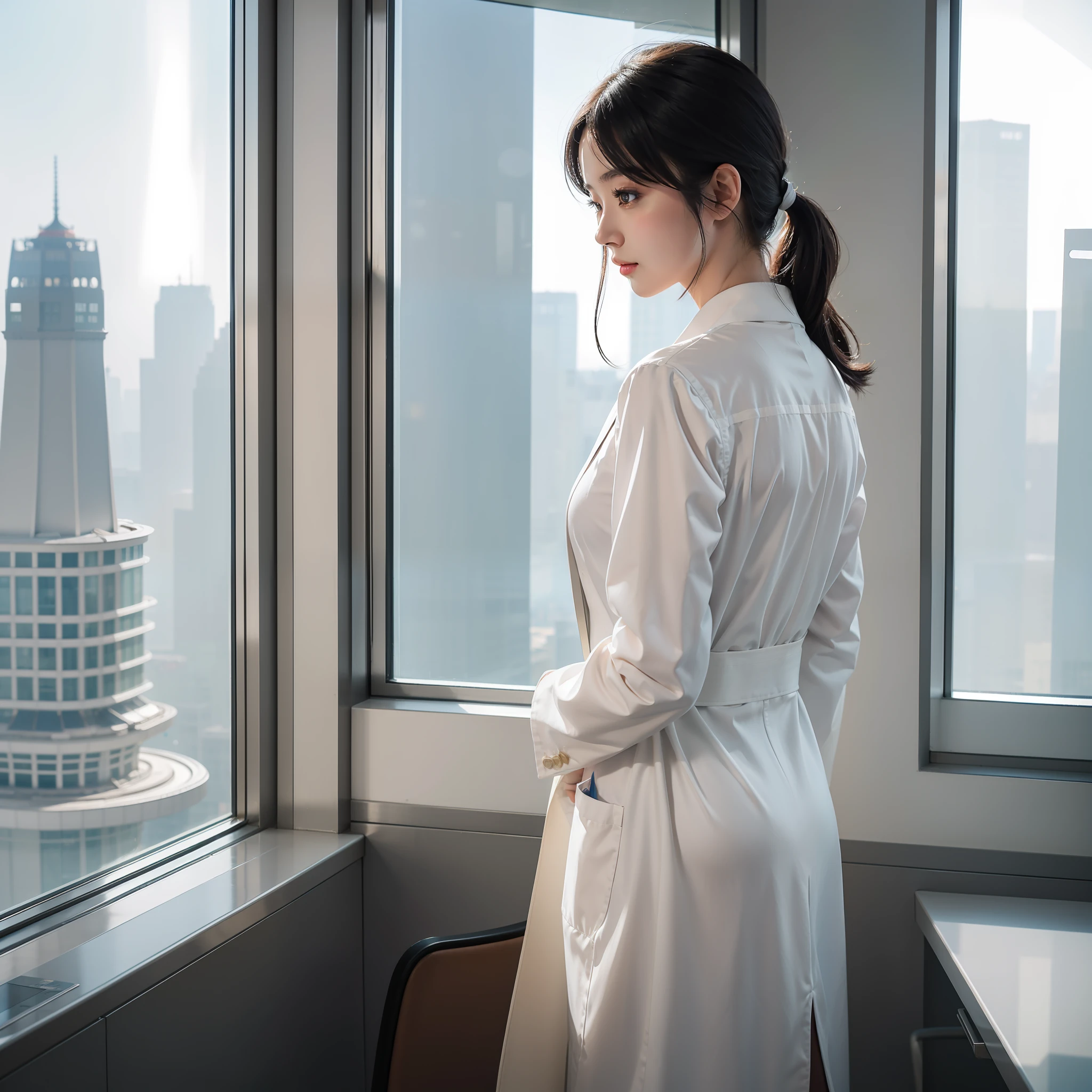 At the top of the Shanghai skyscraper, the hospital office, natural light shining in, the sun is shining, the back of a female nurse in a white coat, staring out the window