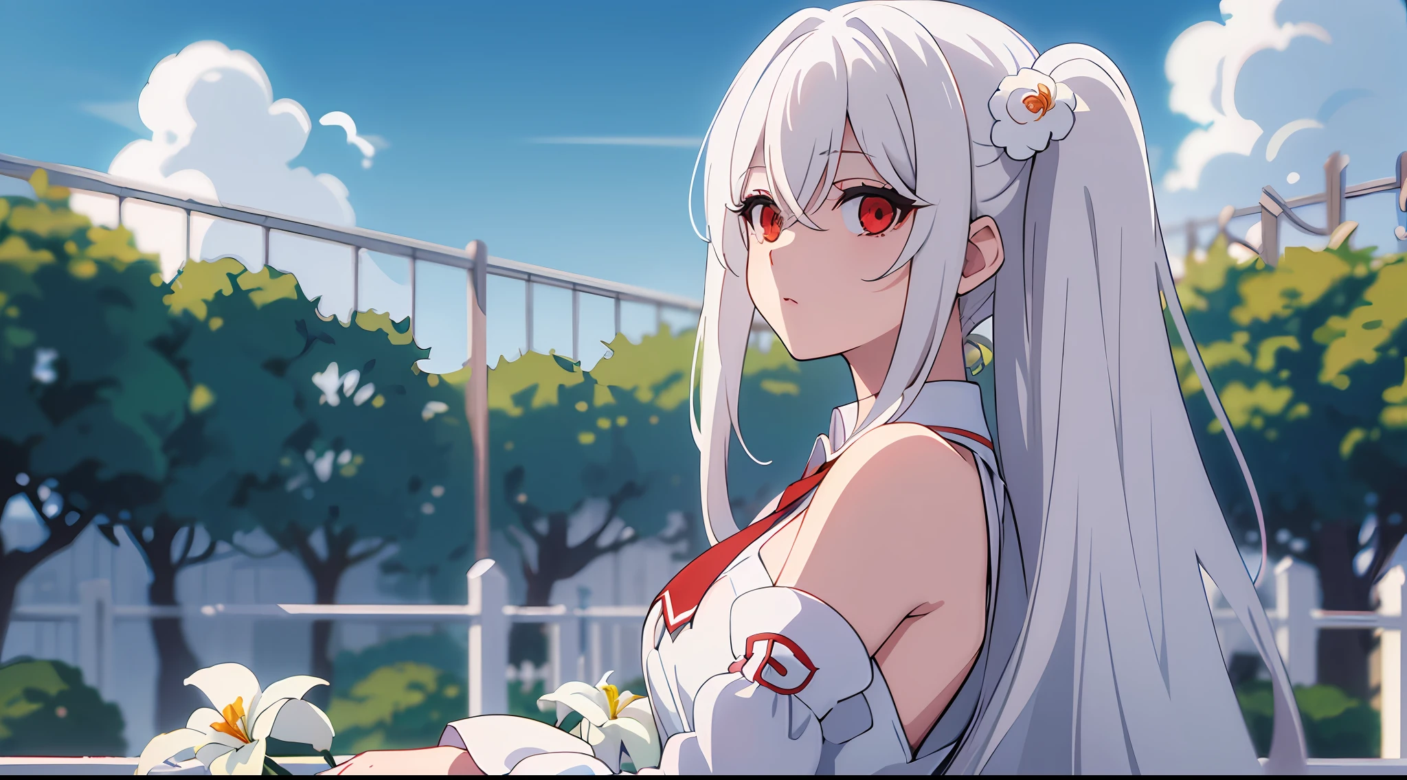 (masterpiece, best quality), ((1girl, (mature), Ninym Ralei, ), (white hair, beautiful hair), (red eyes, beautiful eyes, eye highlights, sharp eyes), (looking at the viewer, white flowers)), ((sky, clouds), fence), (highres, chromatic aberration), (),