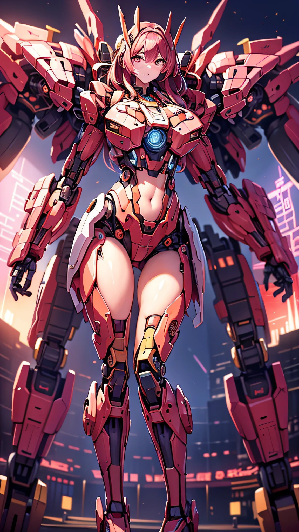 ((Masterpiece, Best Quality)), illustration, ultra-detailed 8K, realistic, clear focus, highly detailed, professional lighting, colorful details, rainbow colors BREAK factory super long shot, (1 large mechanical robot), pink, microchip, computer, luminescence, intricate details, shitu-mecha, 1girl zoomed out scale standing in front of the audience, navel
