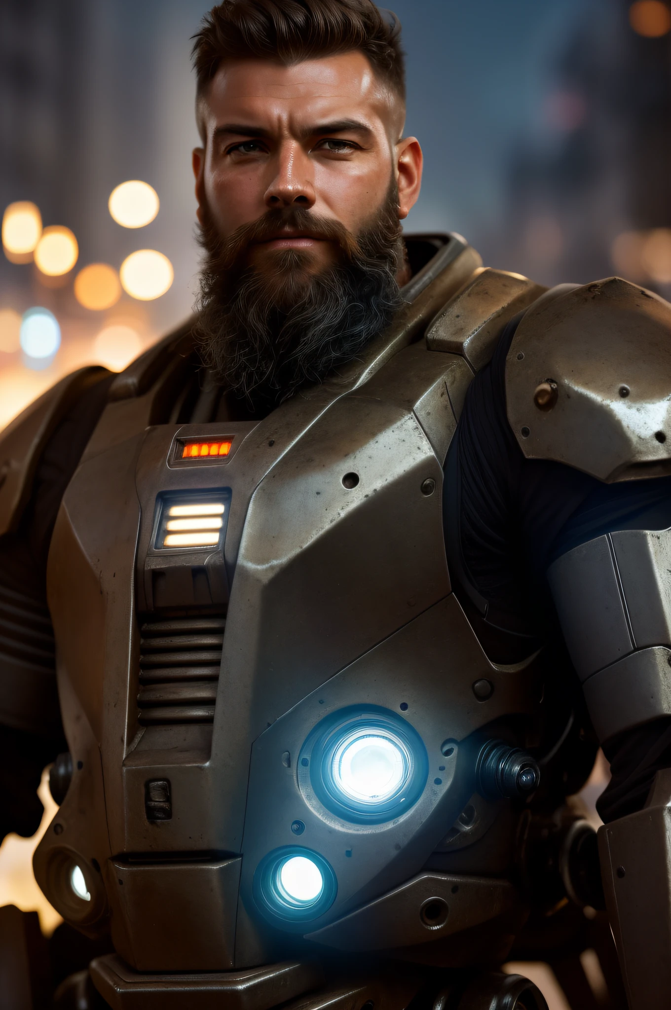 Portrait photo of muscular bearded guy in a worn mech suit, ((light bokeh)), intricate, (steel metal [rust]), elegant, sharp focus, photo by greg rutkowski, soft lighting, vibrant colors, masterpiece, ((streets)), detailed face