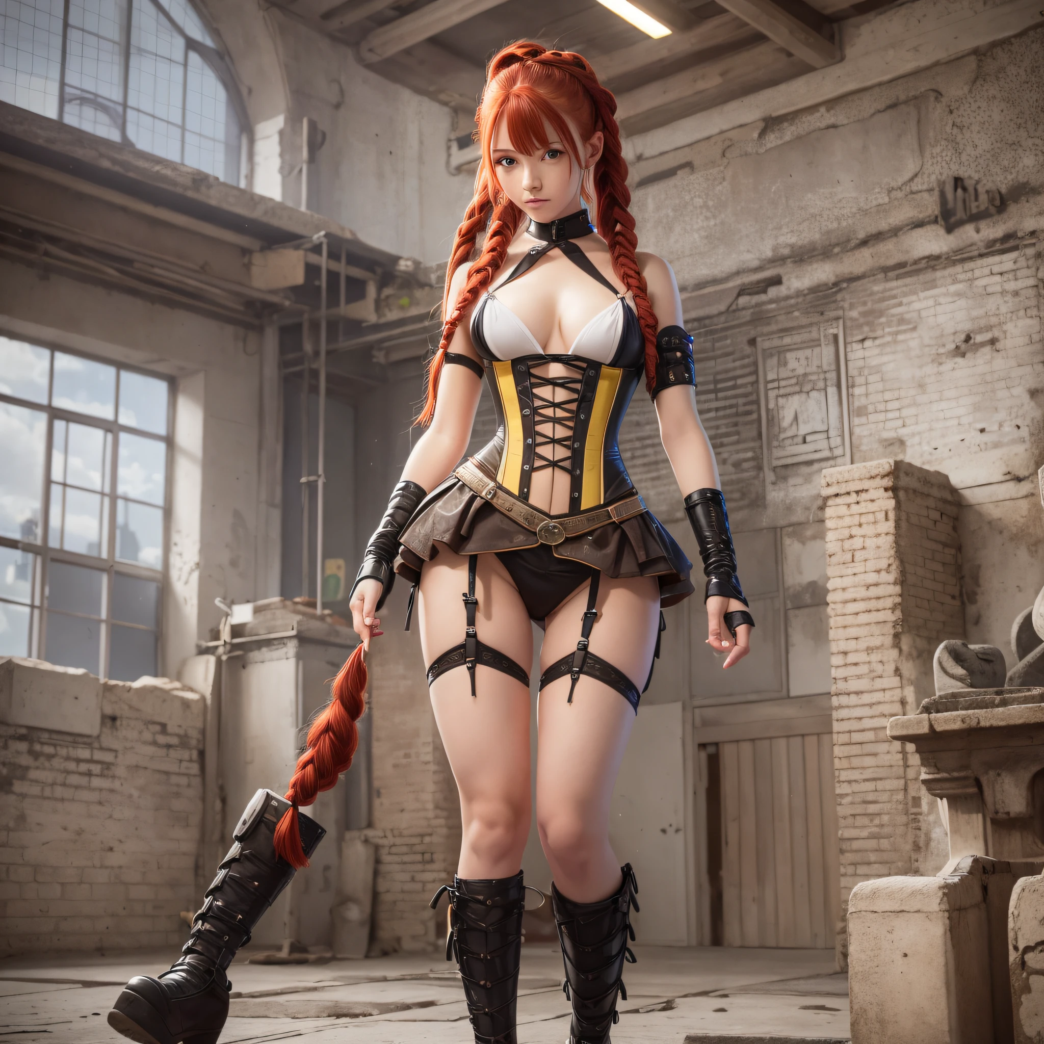 Adolescent, best quality, ultra detailed, redhead, yellow eyes, makima, electric saw man, anime, hair with braids, sexy corset, full body vision.