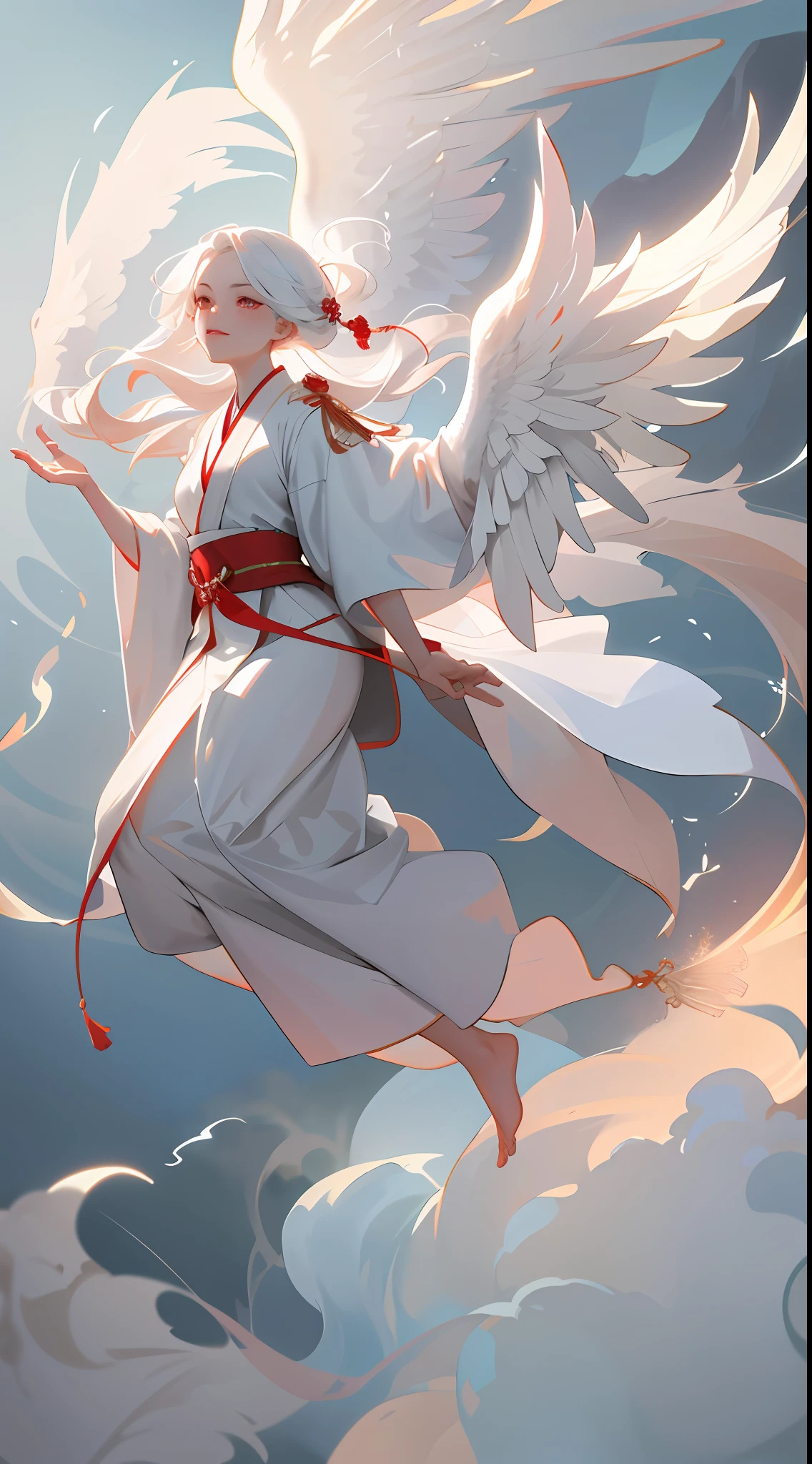 1 girl,(white Chinese robe),
In a captivating scene, a beautiful woman adorned in a flowing white Chinese robe soars through the misty clouds on the back of a majestic Chinese phoenix. The wind gently lifts her robe, accentuating the sense of flight as they gracefully navigate the ethereal cloudscape.