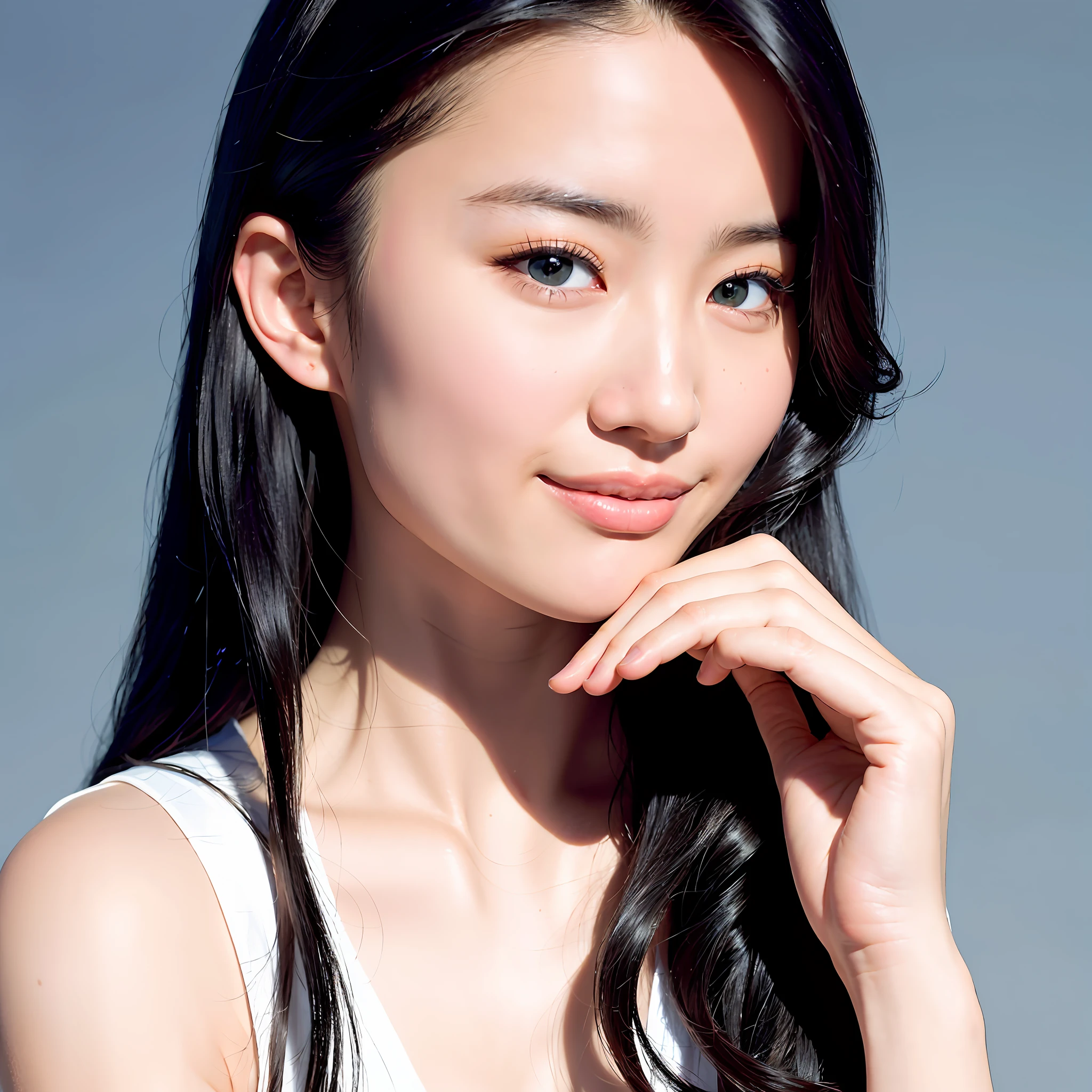 A beautiful 20-year-old Chinese girl with long black hair, charming big eyes, oval face, smiling warmly at the camera. She wears a simple white shirt, her skin is flawless white, rich in texture, telling the vitality of youth. This photo, taken by the Hasselblad H6D-100c medium format DSLR, perfectly illuminates her face against a clean light blue background. The composition is close-up, focusing on her face and upper body, capturing her front view. The style is surreal, with an emphasis on capturing the intricate details of her facial features and the texture of her skin. The image quality is high - resolution 16K