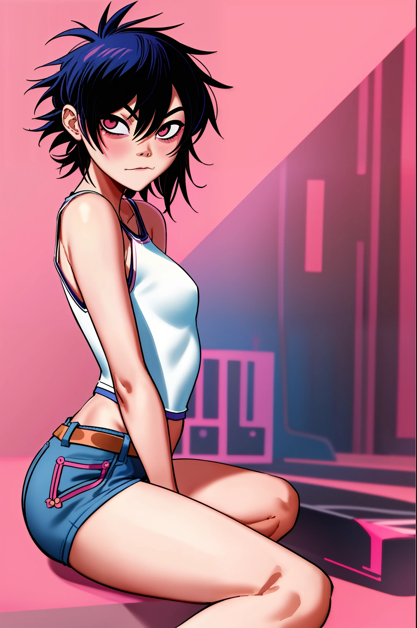 noodle (Gorillaz), masterpiece, best quality, 1girl, solo, hair between eyes, thighs, blush, medium hair, looking at the viewer, bangs, sexy pose, Loli, small breast, sexy butt, bangs covering eyes, goth, sexual expression, makeup, cute, Asian, pink background, , jeans, stockings