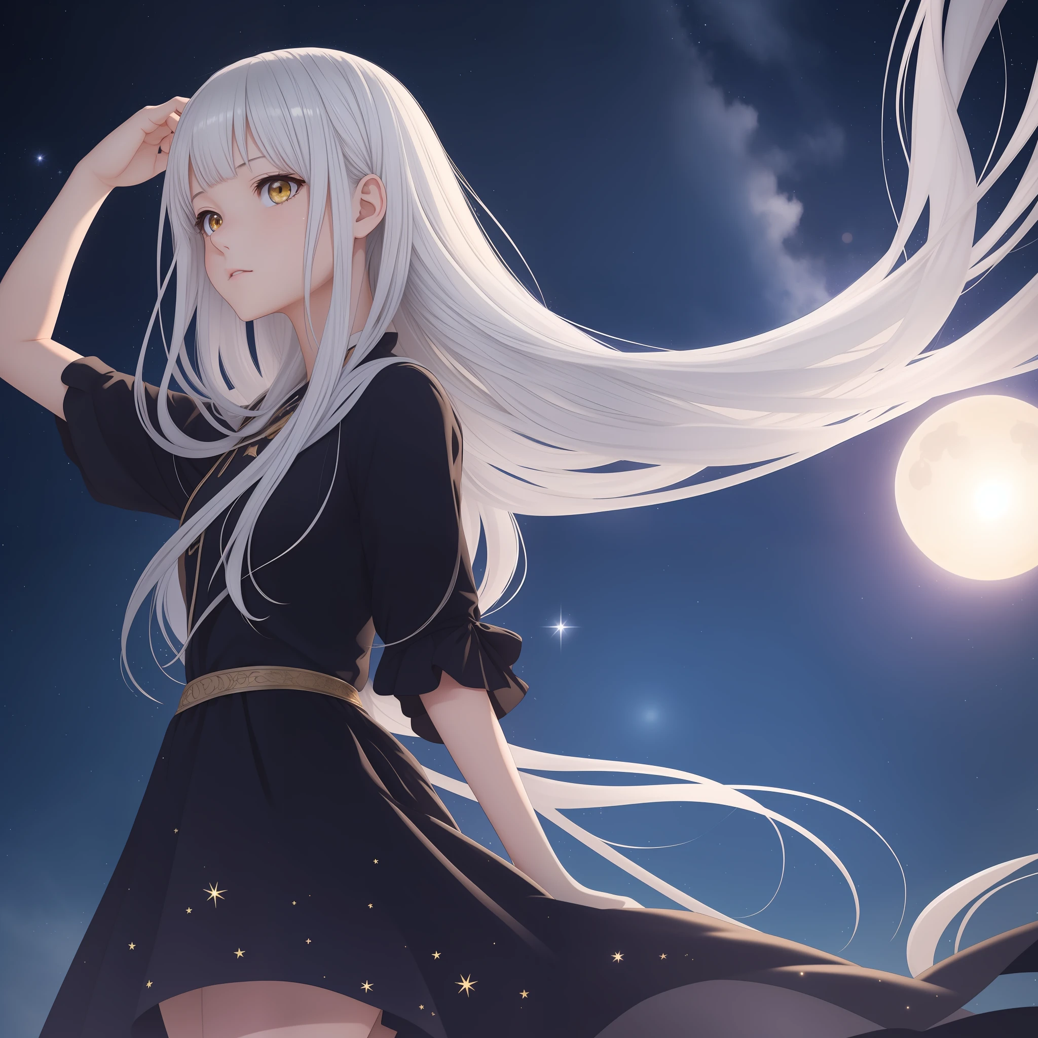 girl seeing the stars, looking at the sky, hands up pointing to stars, elusive night, anime style, detailed drawing, shiny silver hair, loose hair, bright yellow eyes, beautiful face, detailed hair, detailed eyes, detailed face, clear night, bright lighting, top view perspective, full body, slender, multifocus perspective image
