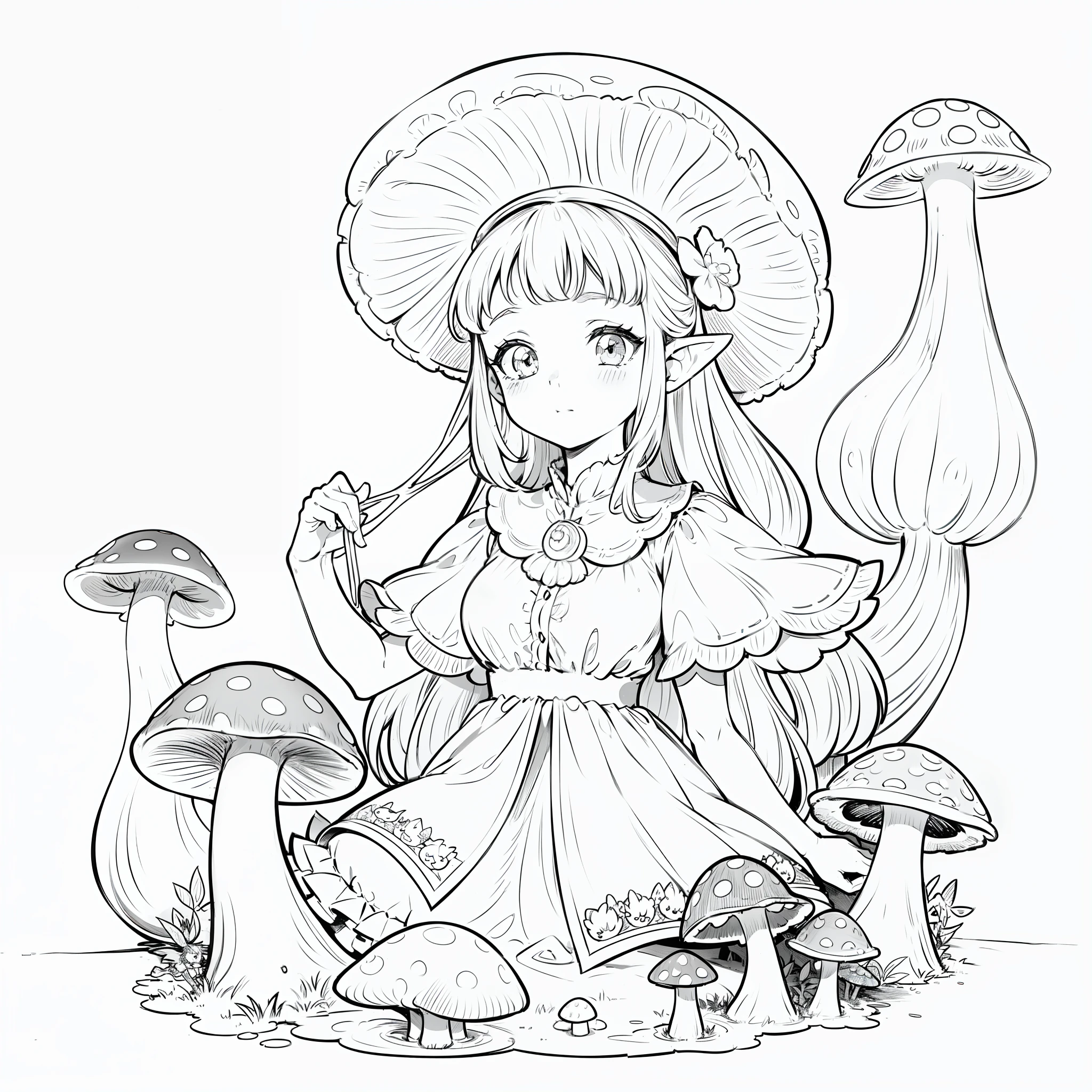 (A cute forest fairy), mushroom fairy, (playful, funny facial expression), lineart, outline, black and white perfect for a coloring book's page, disney style