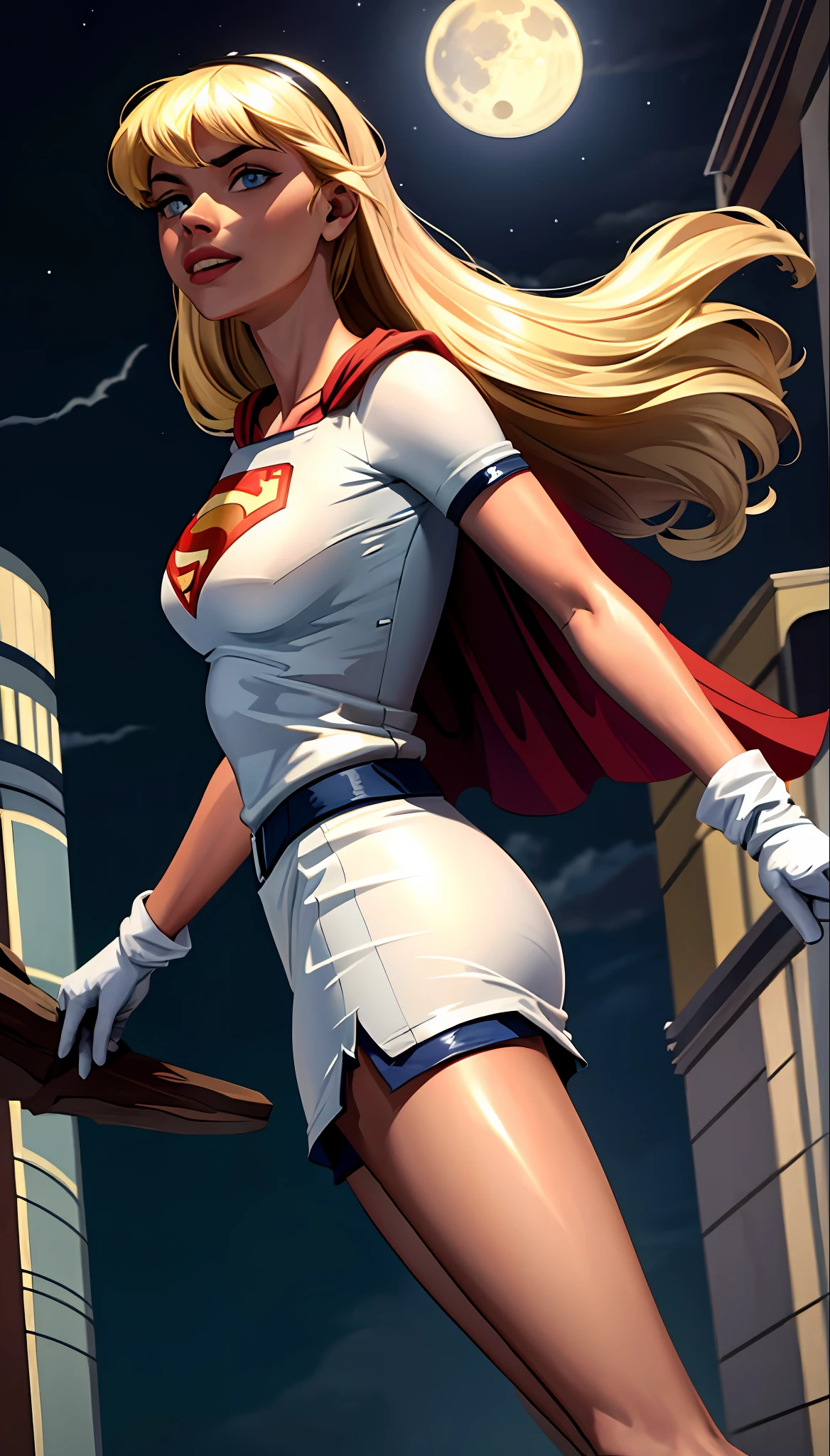 (cowboy shot), SFW, (masterpiece), (best quality: 1.0), (ultra highres: 1.0), detailed eyes,
BREAK
Supergirl, 1girl, long blonde hair, in the air, flying
hair band, \(white\) crop top, short sleeves, cape, blue pencil skirt, gloves, boots
BREAK
(clouds, night sky, full moon, starry sky, stunning view)