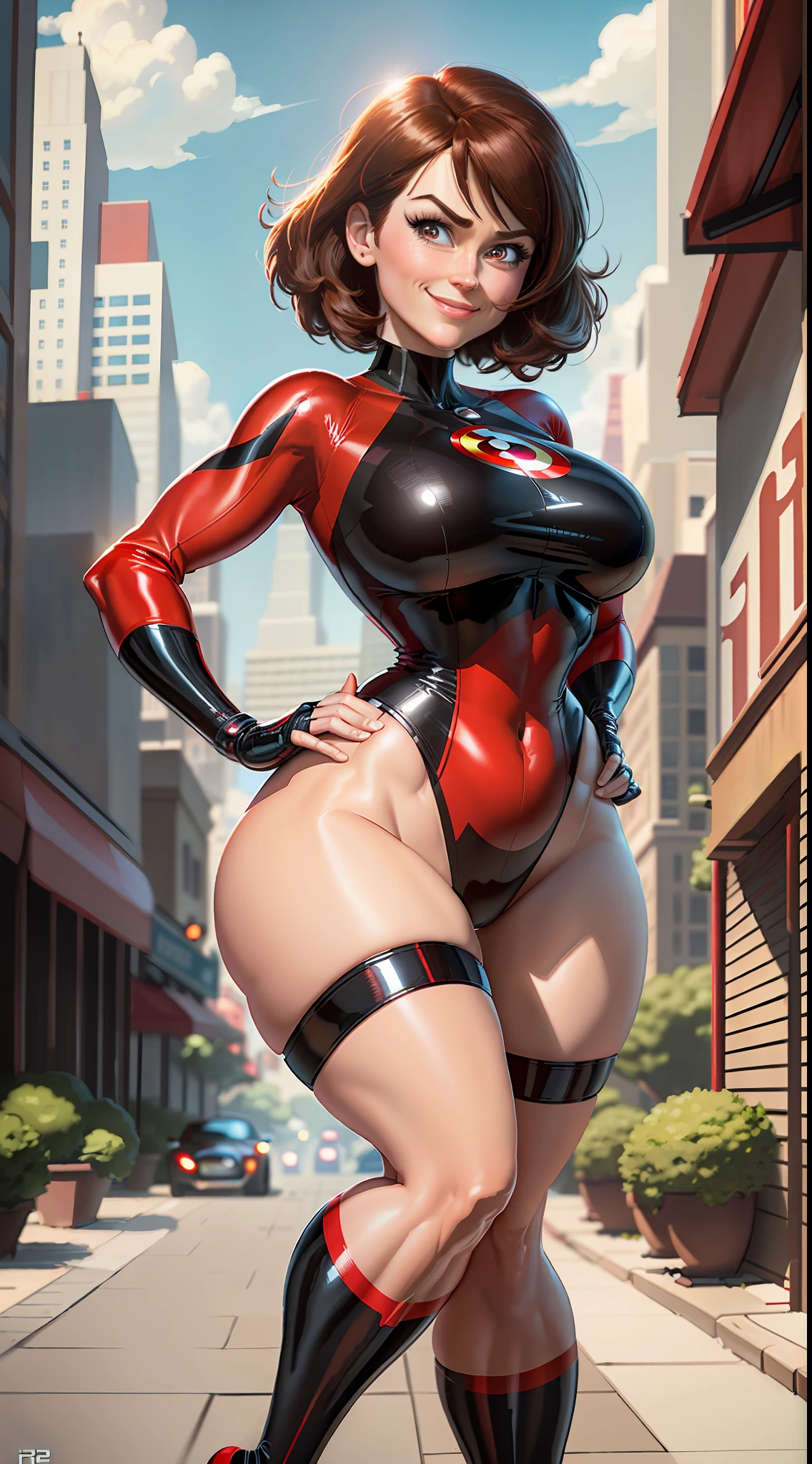 masterpiece, maximum quality, ultra high resolution, 8k, Helen Parr/Elastigirl (Movie The Incredibles), full body, thin, very detailed face, identical face, detailed eyes, mischievous smile, cheerful manner, wide hips, thick thighs, plump thighs, smooth and soft pellet,