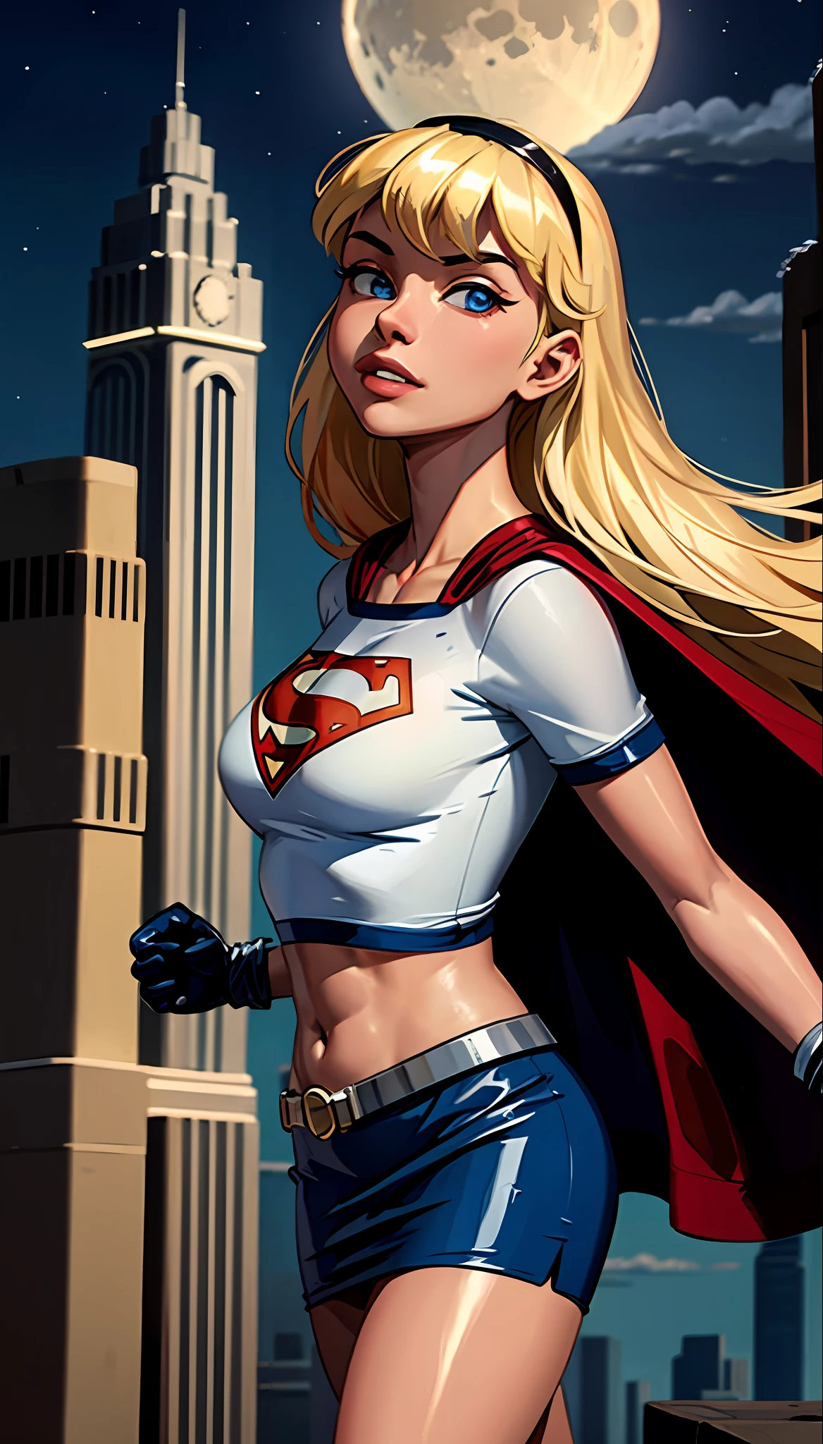 (cowboy shot), SFW, (masterpiece), (best quality: 1.0), (ultra highres: 1.0), detailed eyes,
BREAK
Supergirl, 1girl, long blonde hair, in the air, flying
hair band, \(white\) crop top, short sleeves, cape, blue pencil skirt, gloves, boots
BREAK
(clouds, night sky, full moon, starry sky, stunning view)