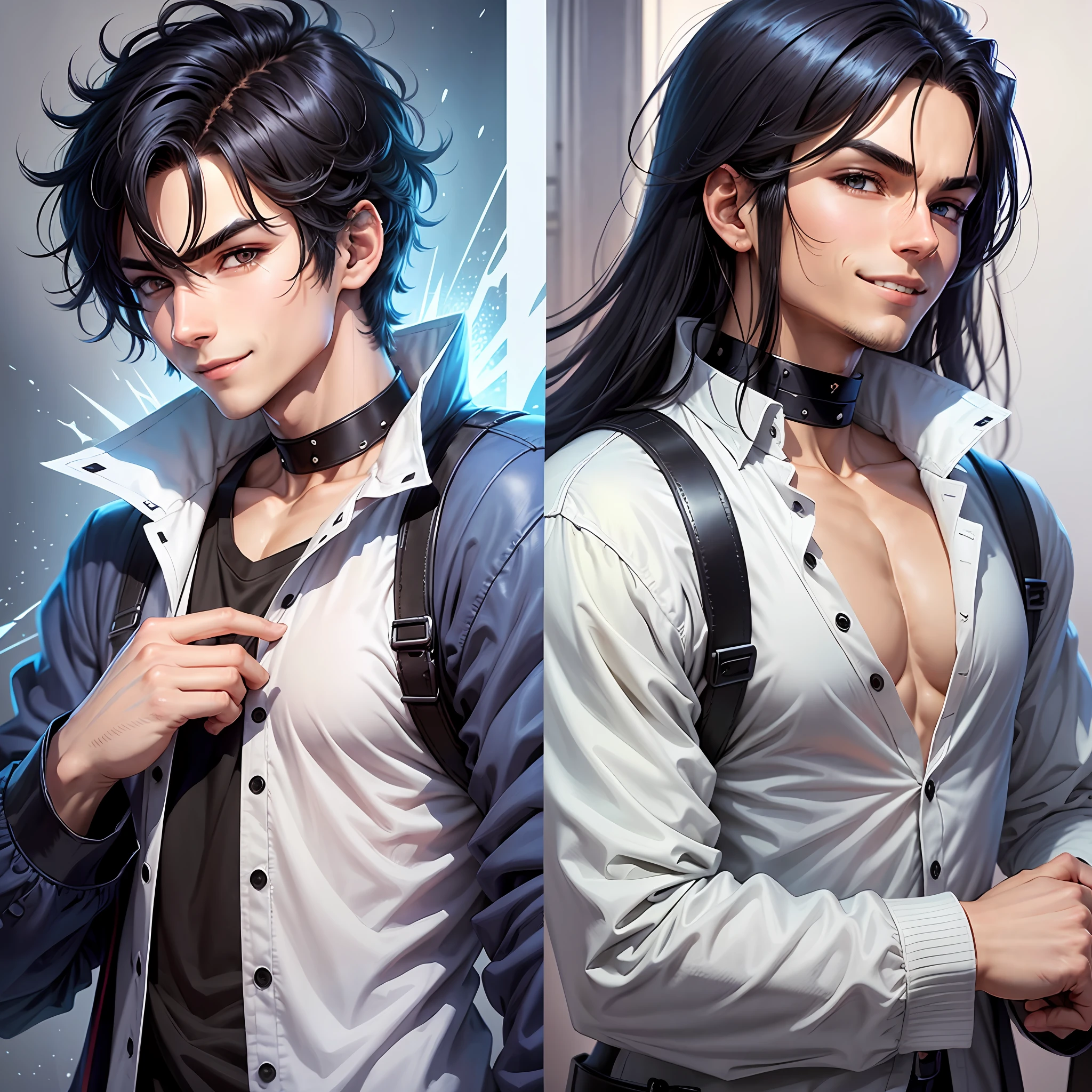 Create a manga character for. My manga I want him with spiky black hair dark blue and white clothing being his outfit a long shirt a dark blue pants he should be brunette have a slightly triangular face but not much have dark circles make him eat a Joinha while smiling