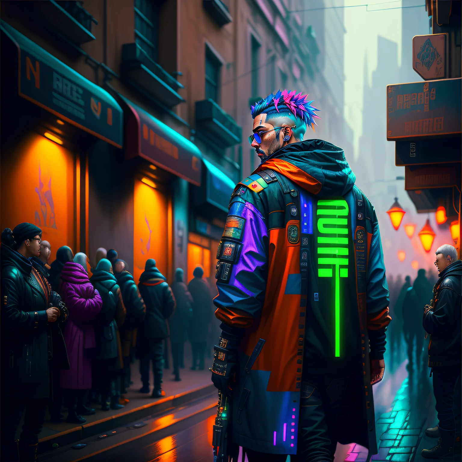 (best quality,masterpeace),full body shot,(hyperdetailed colourful),
((detailed cyberpunk man head)), 
, hdr, dramatic, cinematic lighting, trending on artstation,trending on CGSociety, professional majestic oil painting by greg rutkowski,immense detail, rim lighting, two tone lighting, dimly lit, low key ,