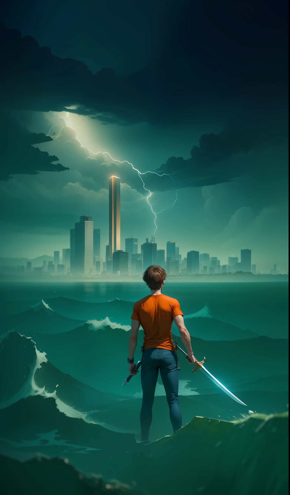 4k, realistic, very detailed, Teenage male, brown hair, wearing orange T-shirt and jeans, with a bronze sword in hand. He has his back looking at the city in the background.