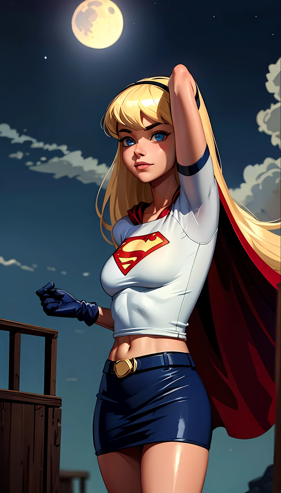 (cowboy shot), SFW, (masterpiece), (best quality: 1.0), (ultra highres: 1.0), detailed eyes,
BREAK
Supergirl, 1girl, long blonde hair, in the air, flying
hair band, \(white\) crop top, short sleeves, cape, blue pencil skirt, gloves, boots
BREAK
(clouds, night sky, full moon, starry sky, stunning view)