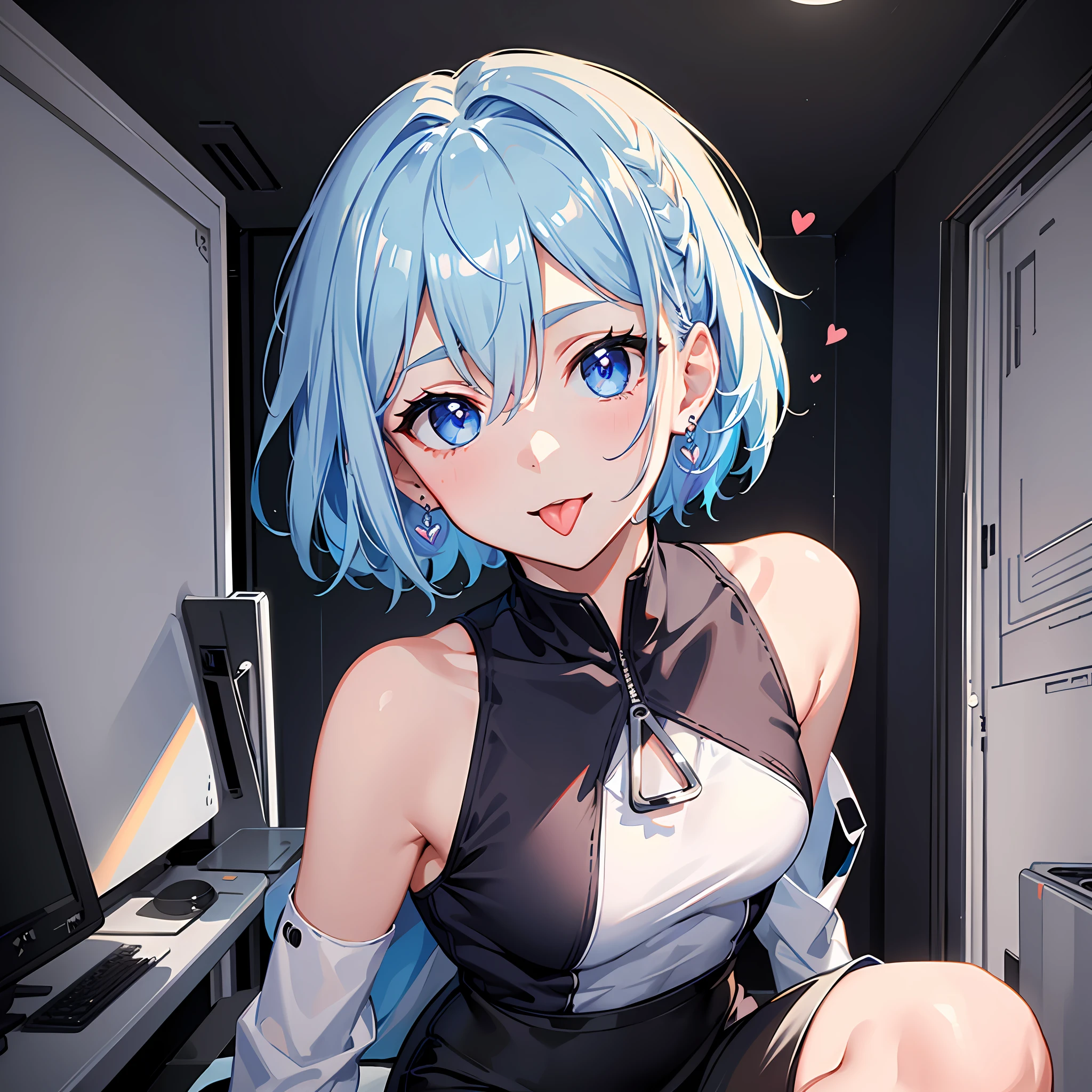 (((Masterpiece)))), (Best Quality))), Hi-Res, High Angle, (Upper Body), Standing, Facing the Viewer, Lively Pose, ((Cute 1 Girl))), Solo, , , White Skin, Small, Eight-headed Person, (Light blue hair), ((Very short hair)), Crisp bangs, Beautiful hair, Blue eyes, Beautiful detail eyes, (((tongue out)), smile, Heart, (Shouldered clothes)), pencil skirt, , futuristic clothes, earrings, white background, shadow lighting,