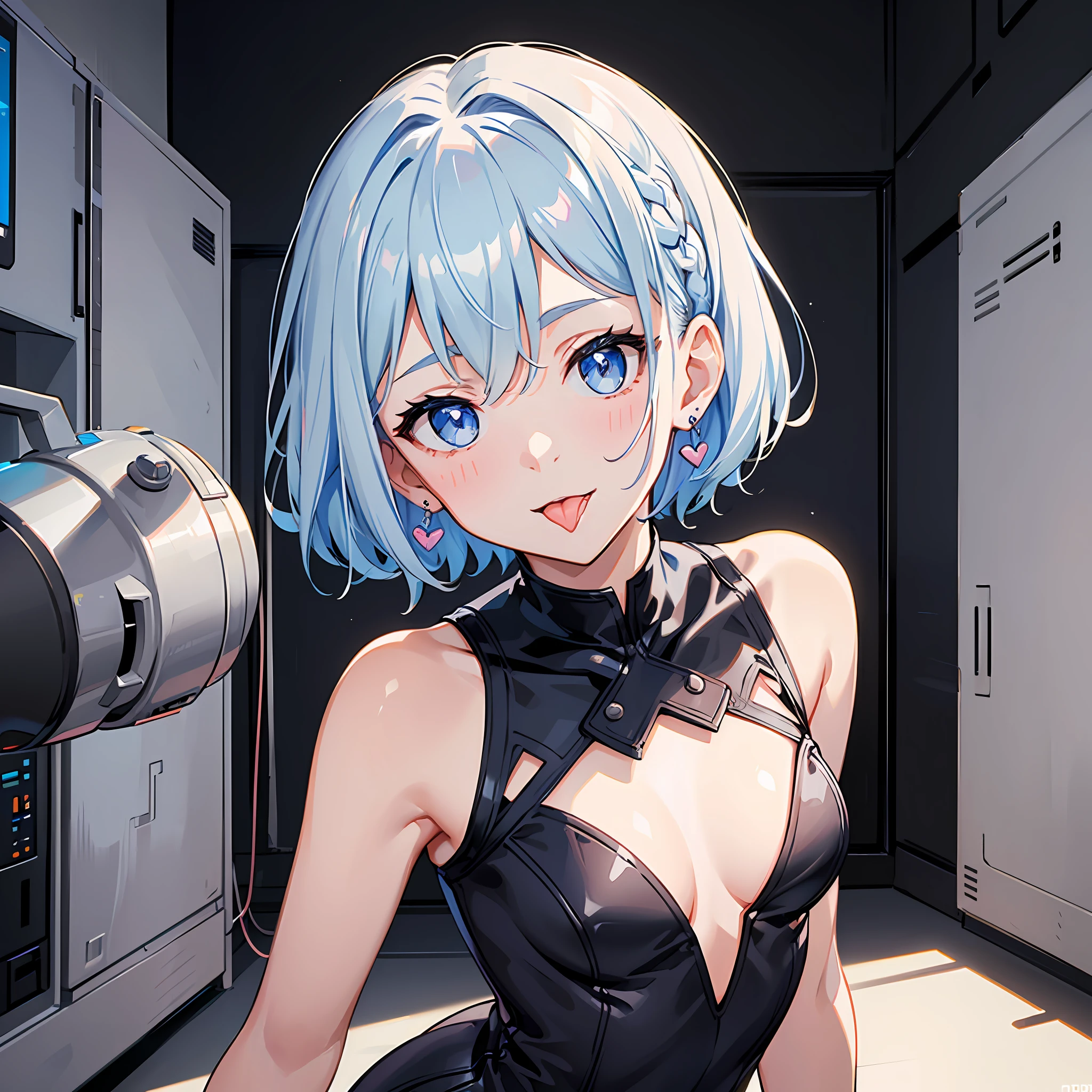 (((Masterpiece)))), (Best Quality))), Hi-Res, High Angle, (Upper Body), Standing, Facing the Viewer, Lively Pose, ((Cute 1 Girl))), Solo, , , White Skin, Small, Eight-headed Person, (Light blue hair), ((Very short hair)), Crisp bangs, Beautiful hair, Blue eyes, Beautiful detail eyes, (((tongue out)), smile, Heart, (Shouldered clothes)), pencil skirt, , futuristic clothes, earrings, white background, shadow lighting,